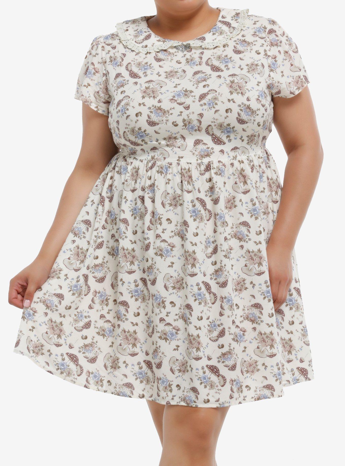 Cream Butterfly Mushroom Collared Dress Plus Size, , hi-res