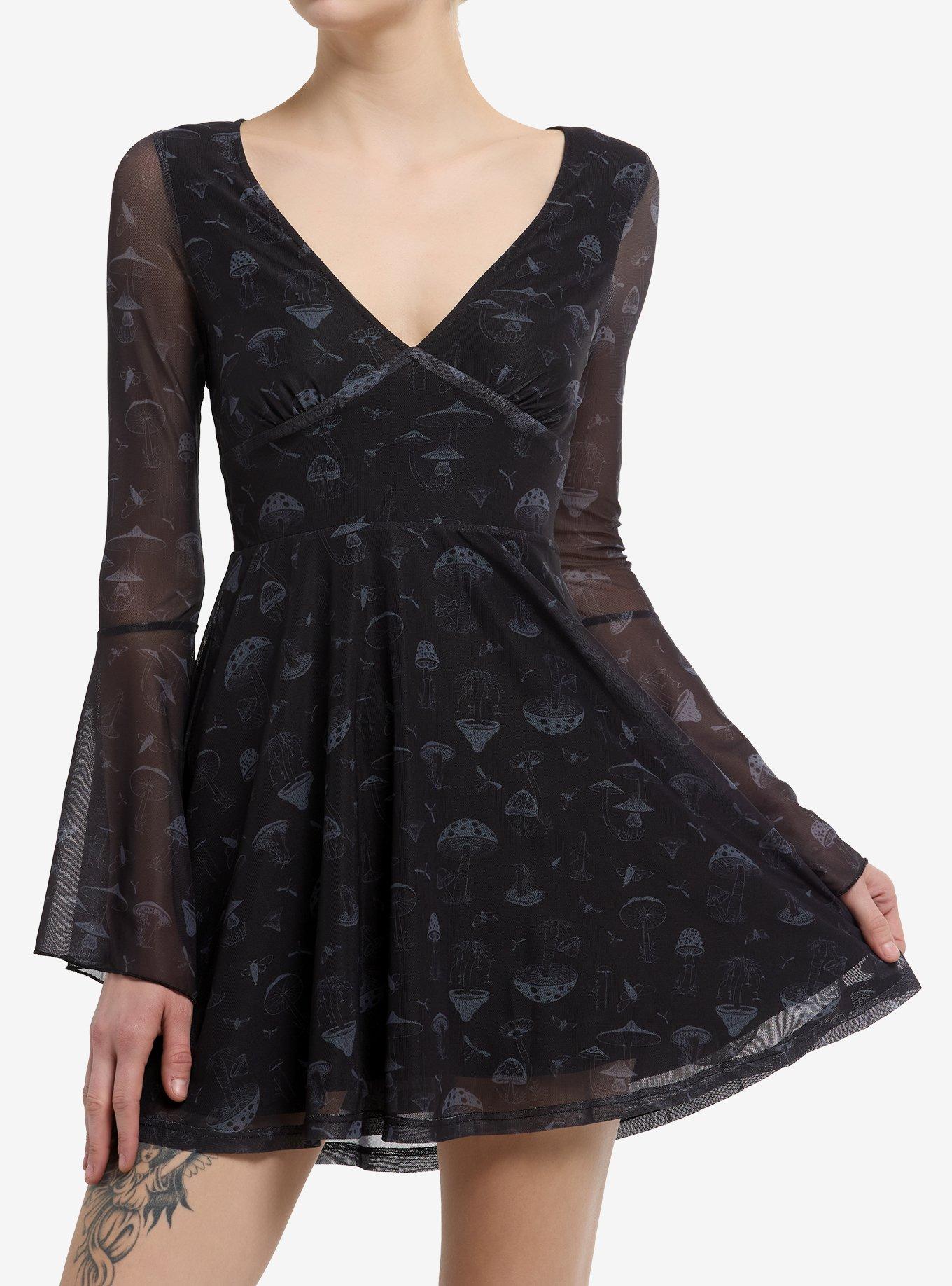Thorn & Fable Black Mushroom Mesh Bell Sleeve Dress, , hi-res