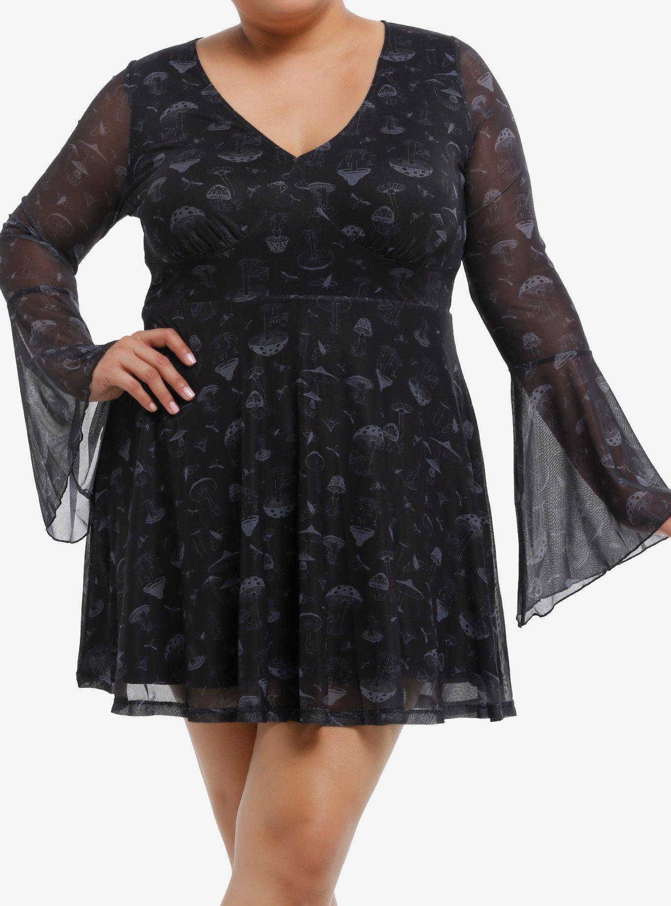 Thorn & Fable Black Mushroom Mesh Bell Sleeve Dress Plus Size, , hi-res