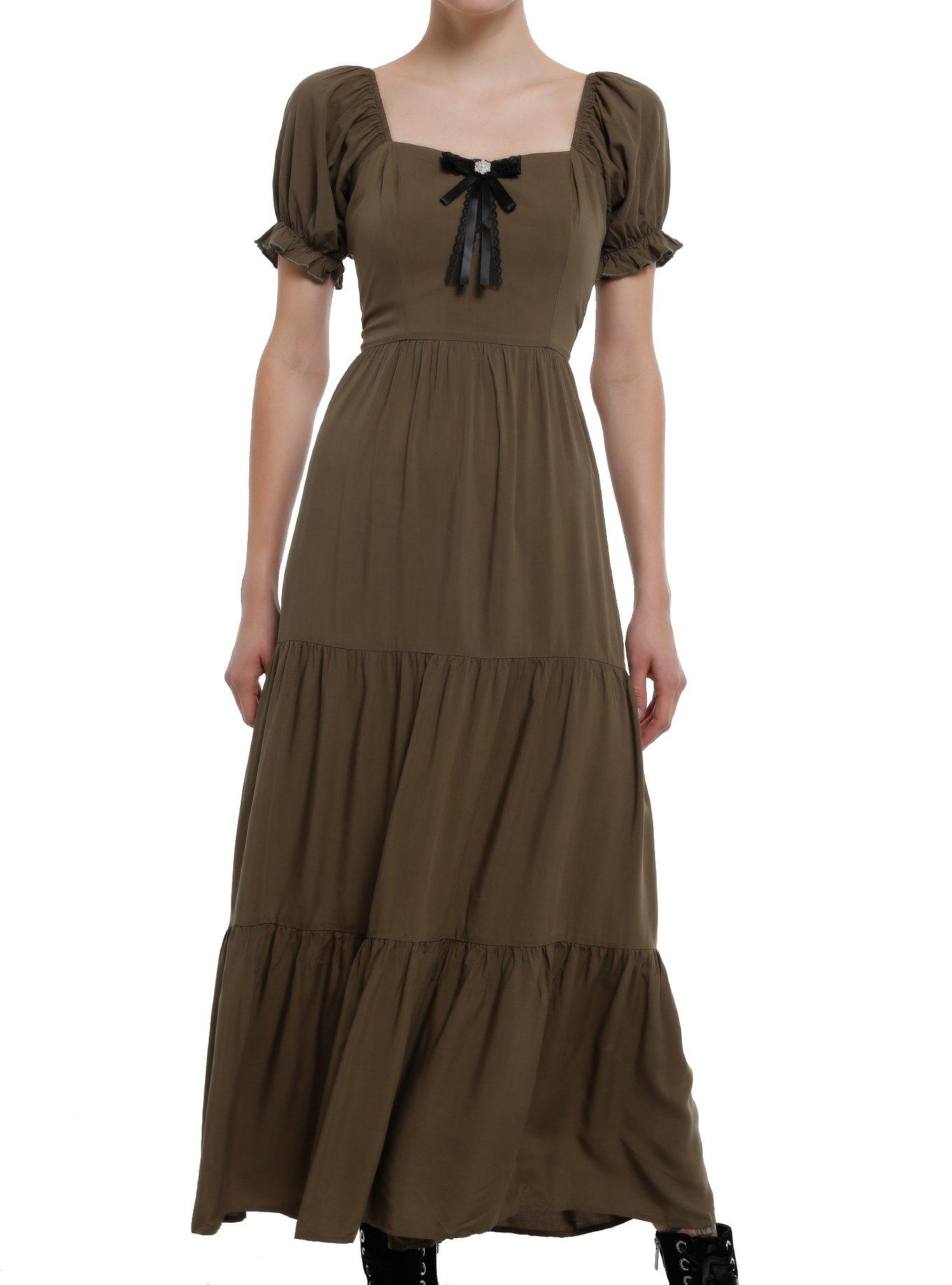Olive Green Pearl Bow Puff Sleeve Maxi Dress, , hi-res