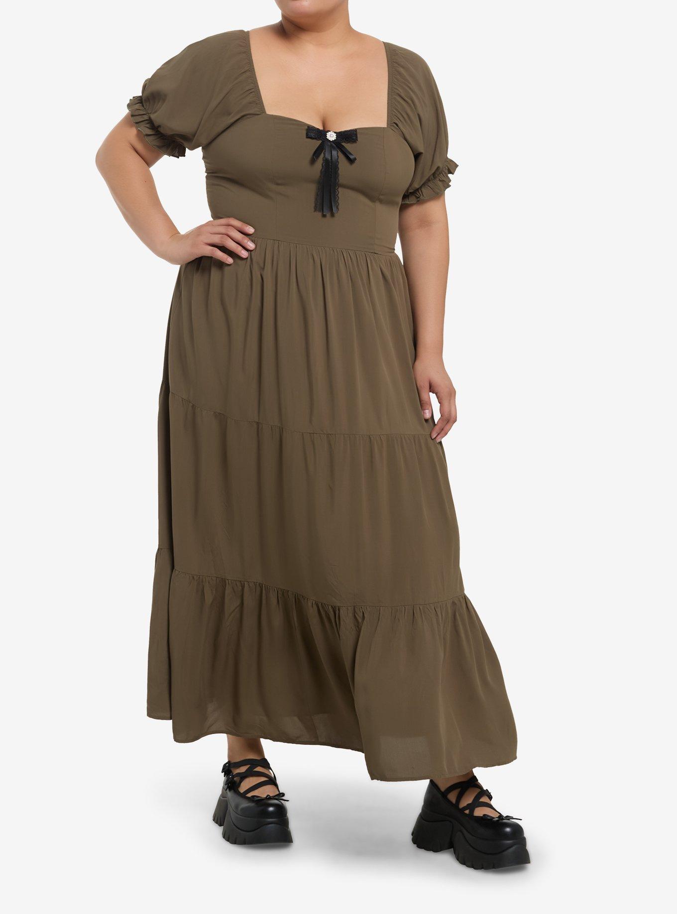 Olive Green Pearl Bow Puff Sleeve Maxi Dress Plus Size, , hi-res
