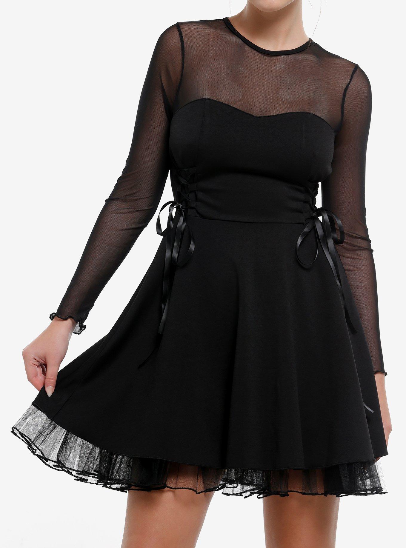 Cosmic Aura Black Lace-Up Mesh Long-Sleeve Dress, , hi-res