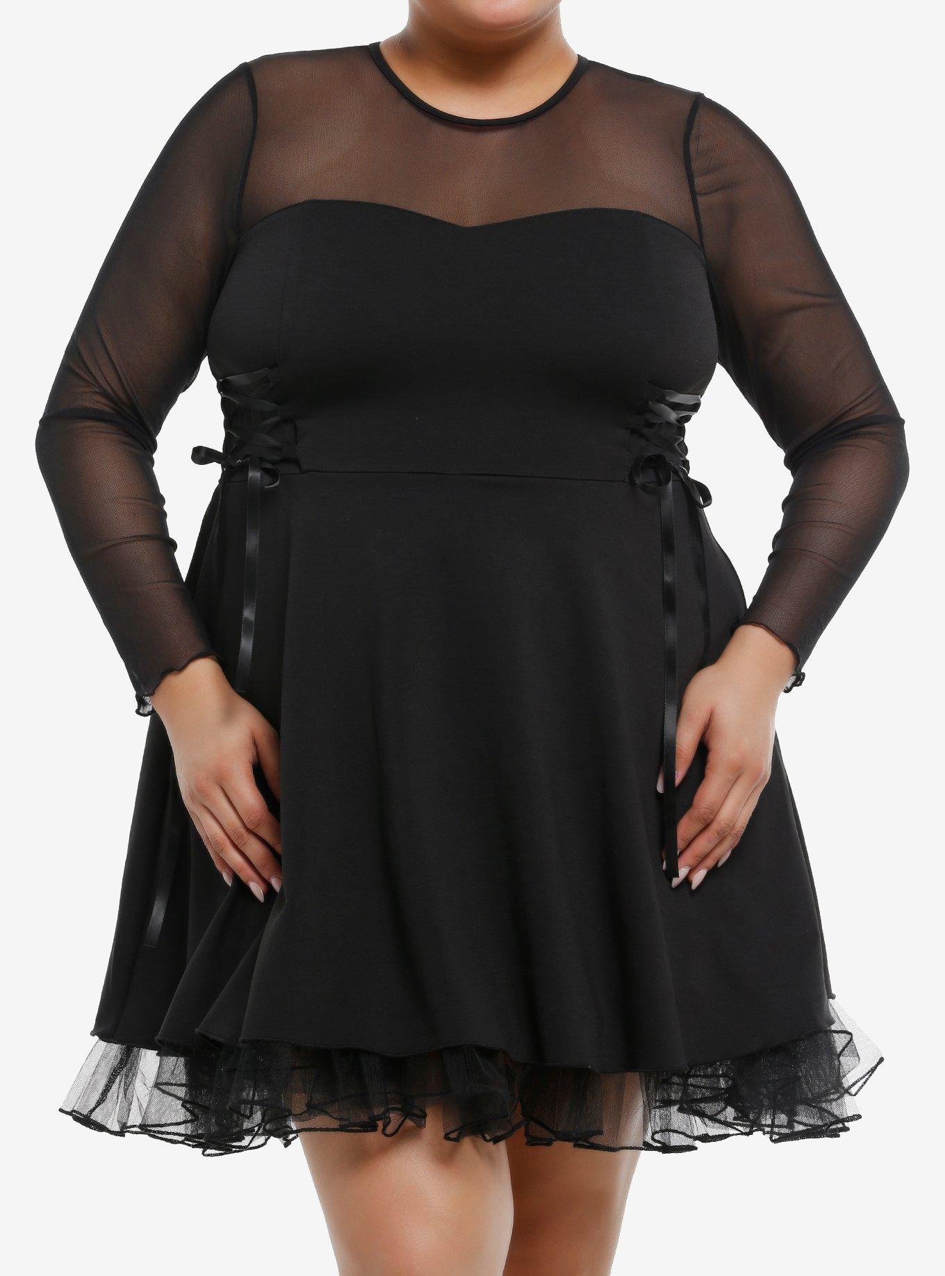 Cosmic Aura Black Lace-Up Mesh Long-Sleeve Dress Plus Size, , hi-res