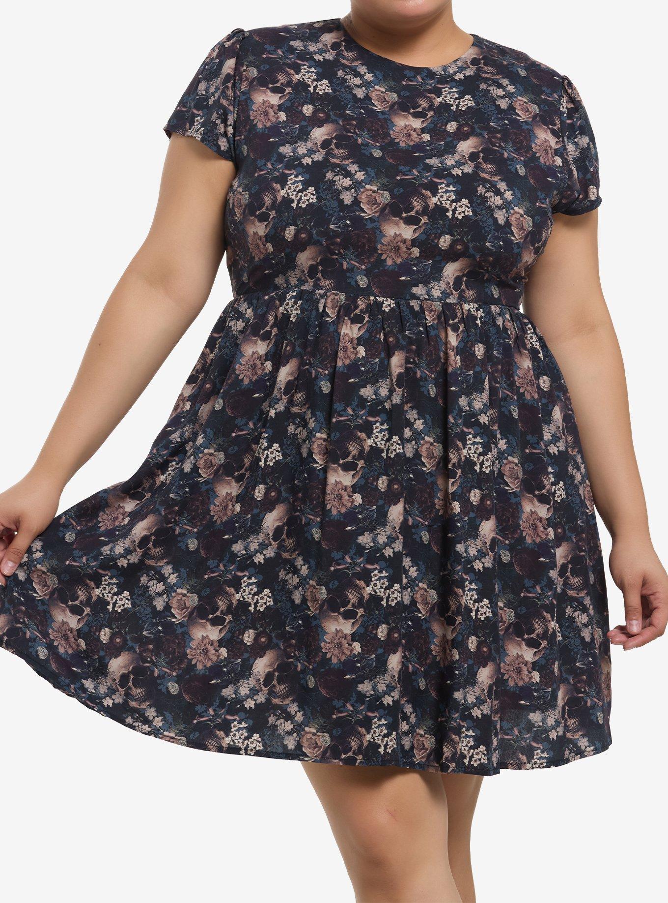 Skull Dark Floral Dress Plus Size, , hi-res