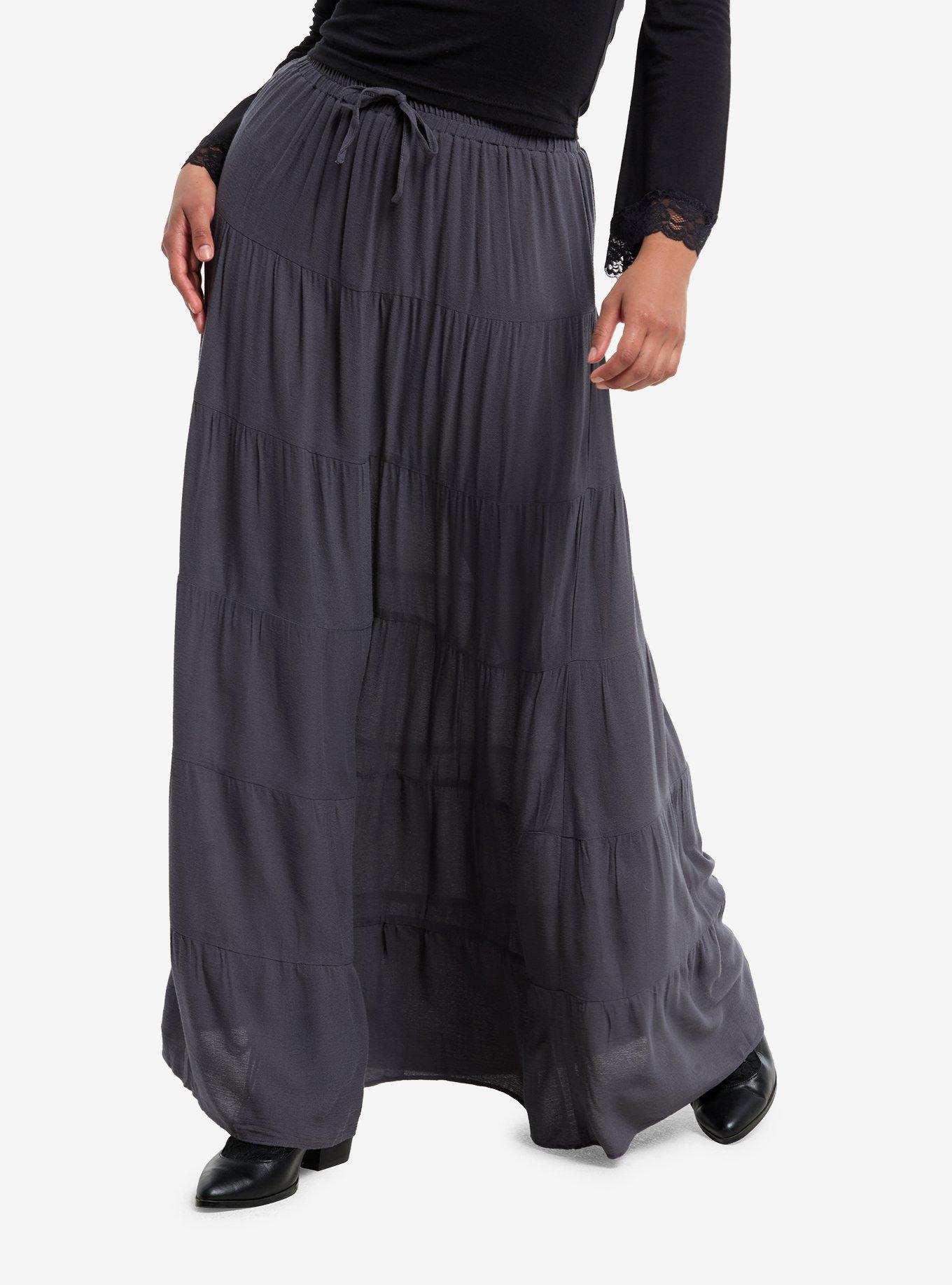Grey Crinkle Tiered Maxi Skirt, GREY, hi-res