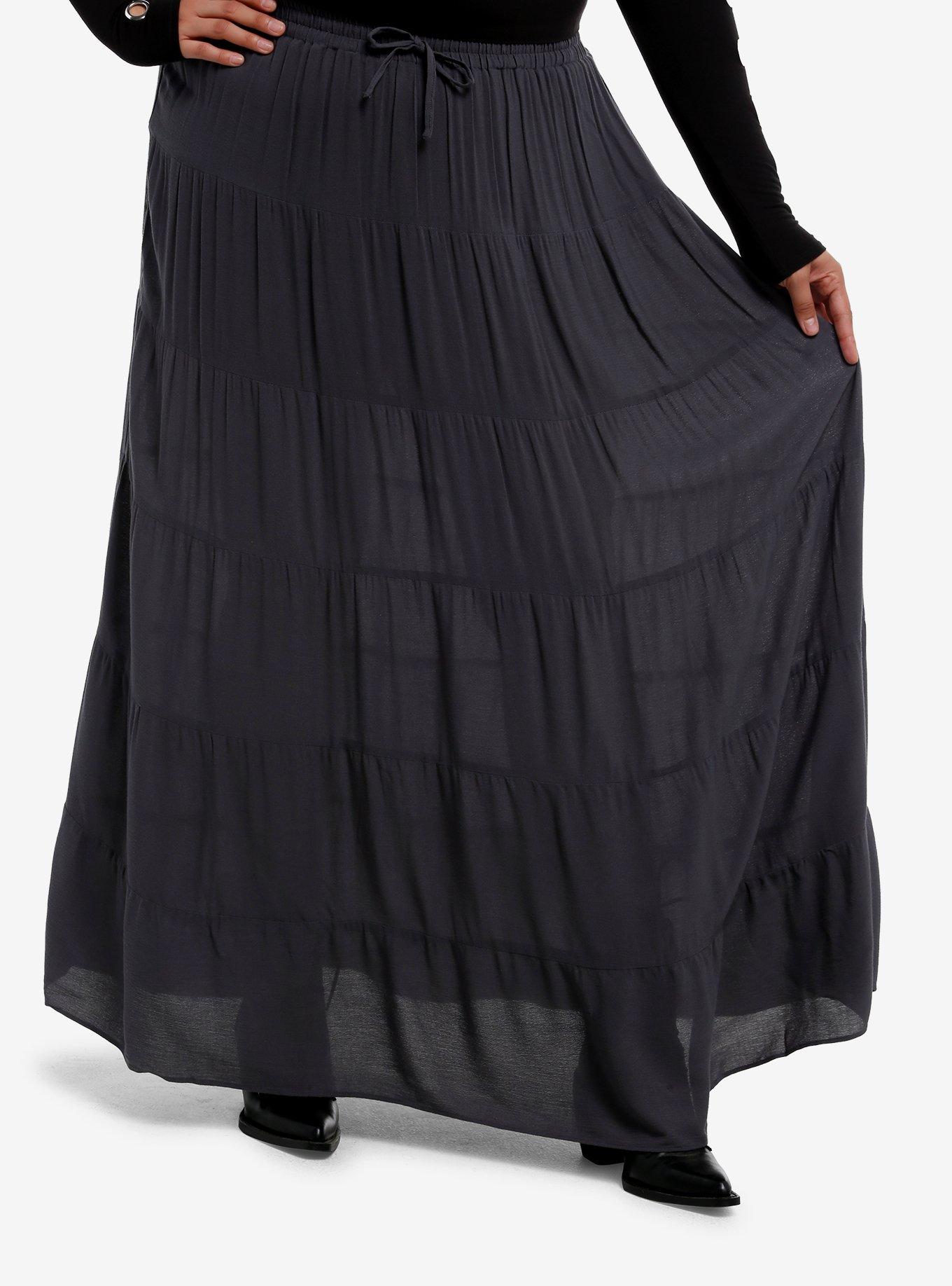 Grey Crinkle Tiered Maxi Skirt Plus Size, , hi-res