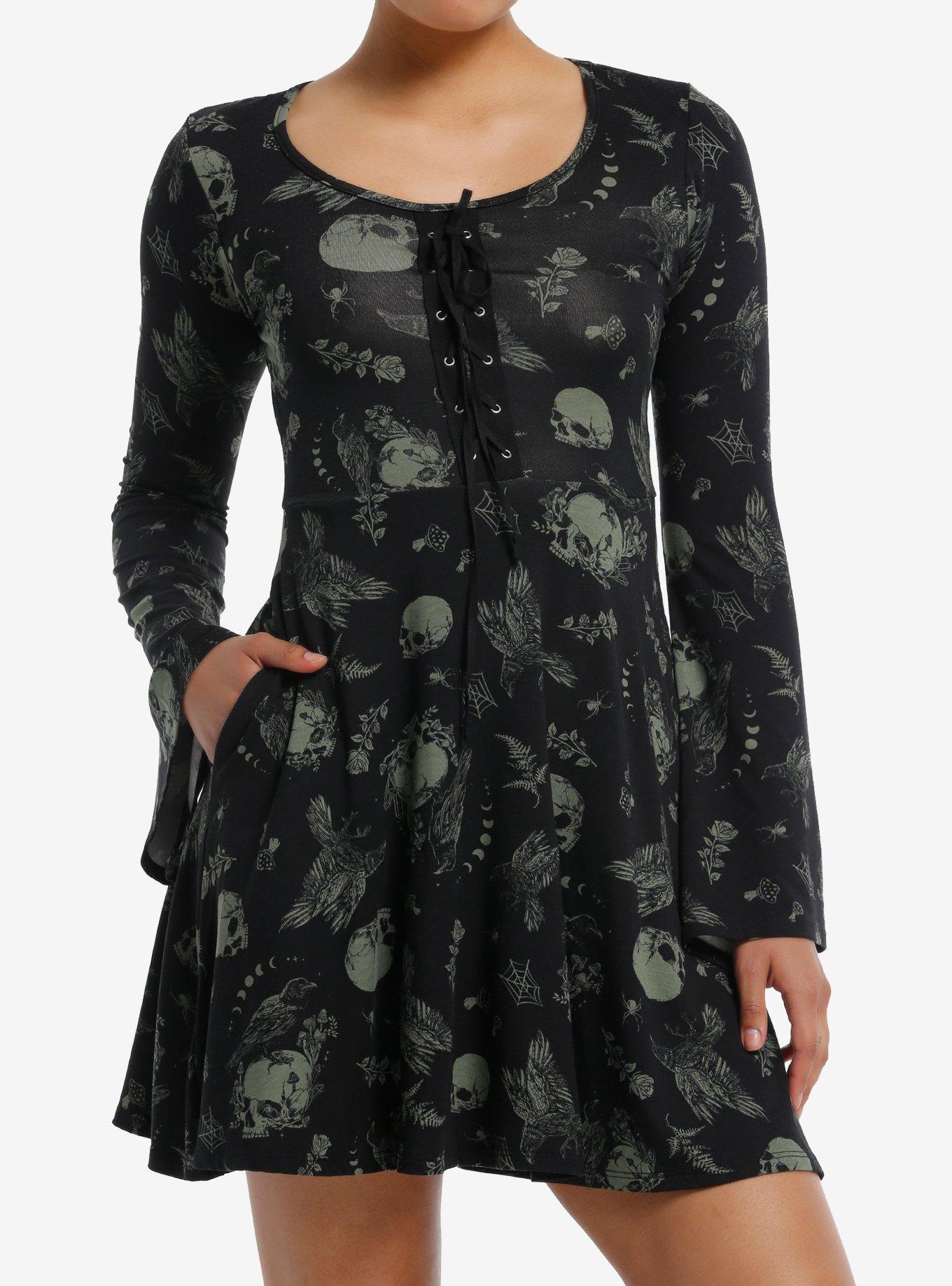 Cosmic Aura Black & Green Skull Crow Bell Sleeve Dress, , hi-res
