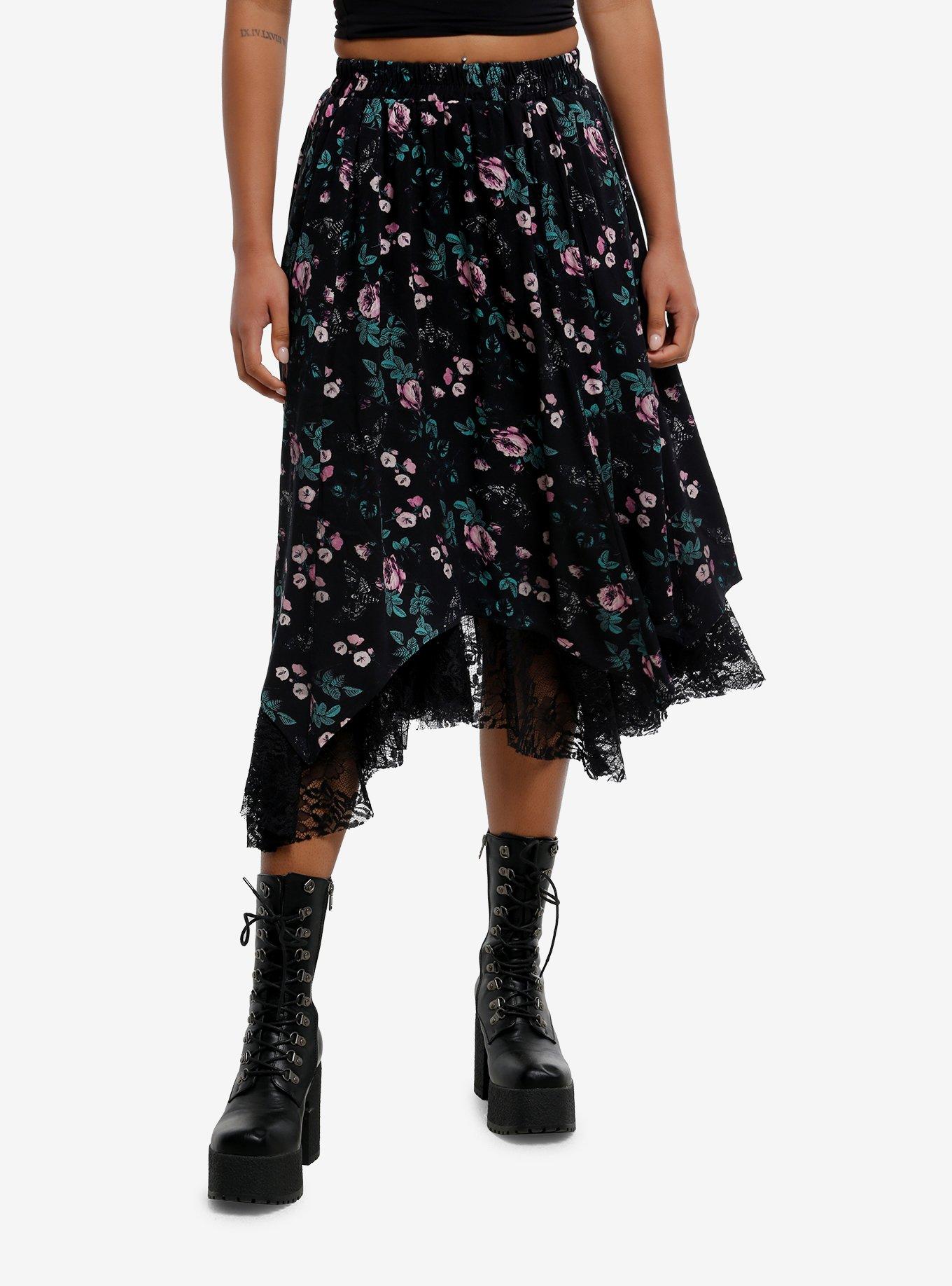 Thorn & Fable Moth Floral Lace Hanky Hem Midi Skirt, , hi-res