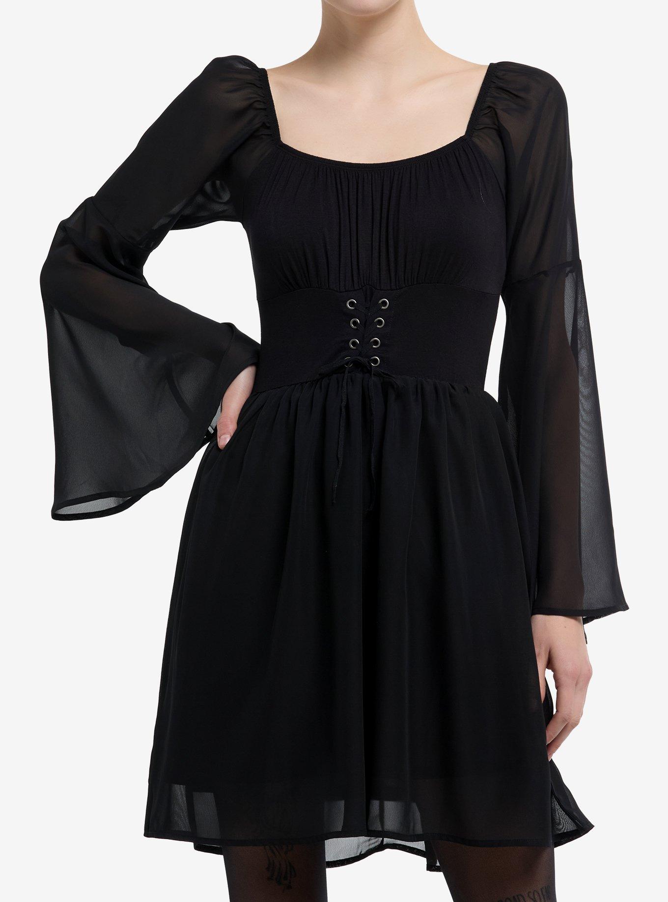 Cosmic Aura Black Lace-Up Bell Sleeve Dress, , hi-res
