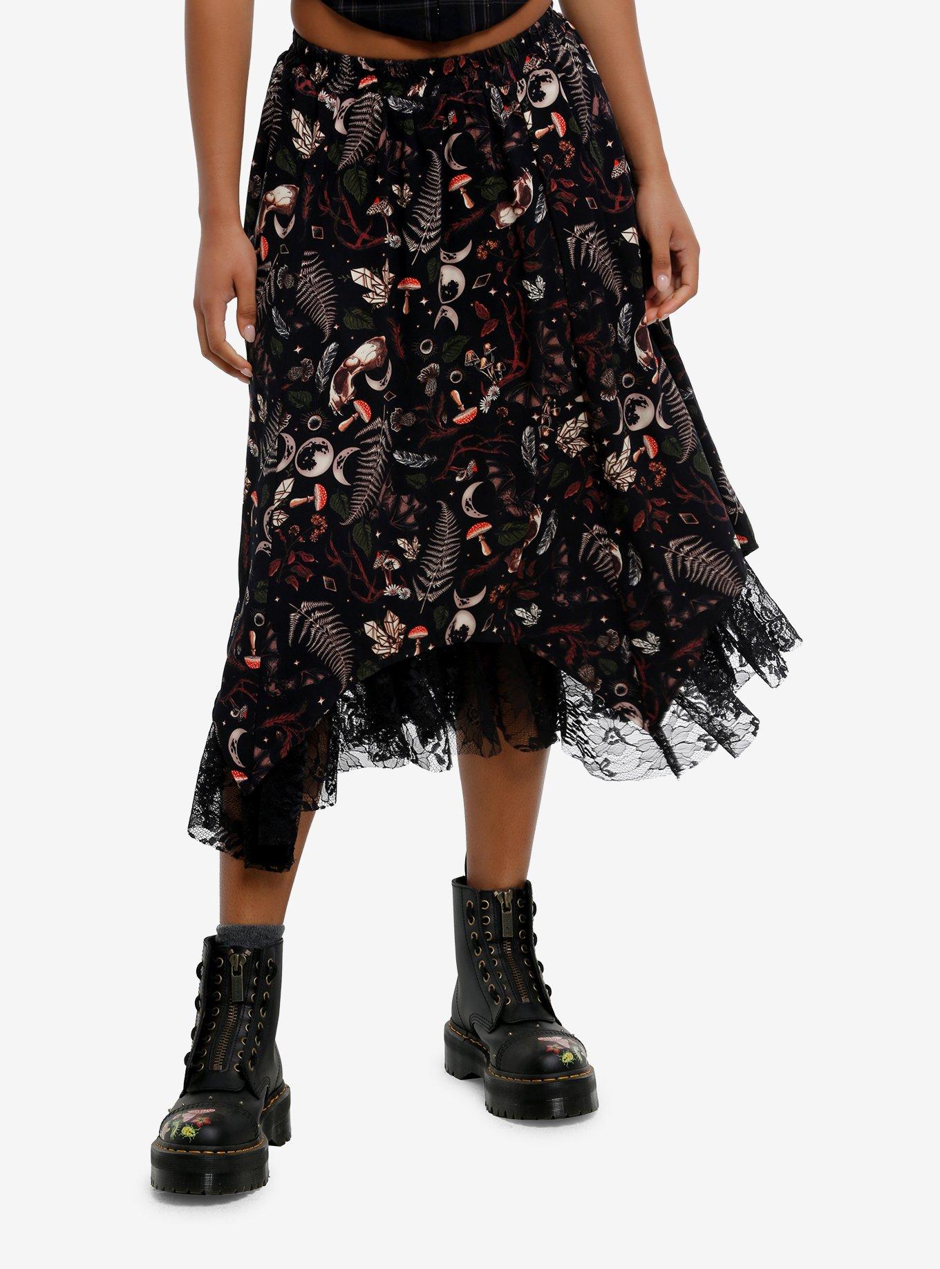 Thorn & Fable Dark Woodland Celestial Print Hanky Hem Midi Skirt, , hi-res