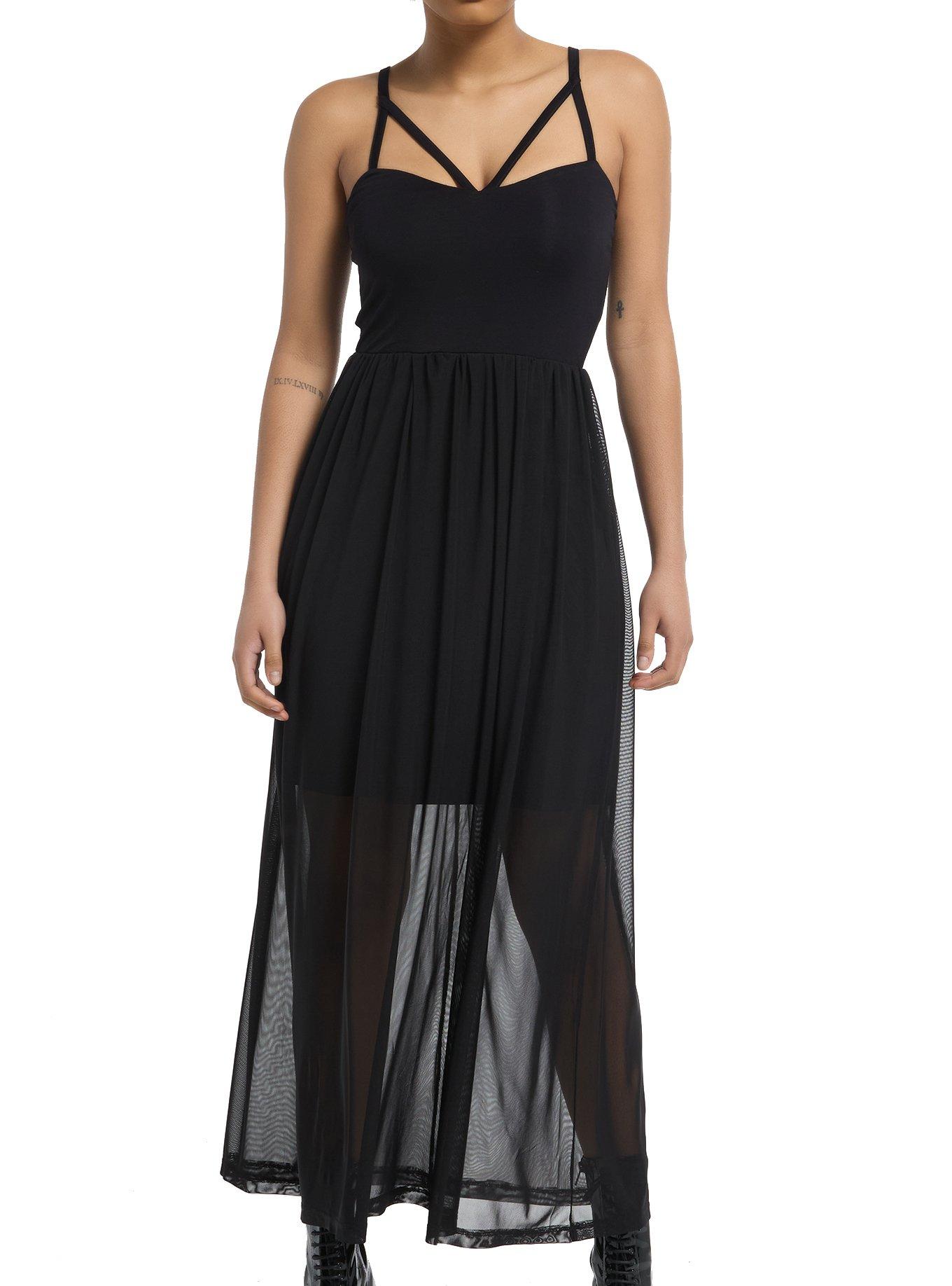 Cosmic Aura Black Mesh Strappy Midi Dress, , hi-res