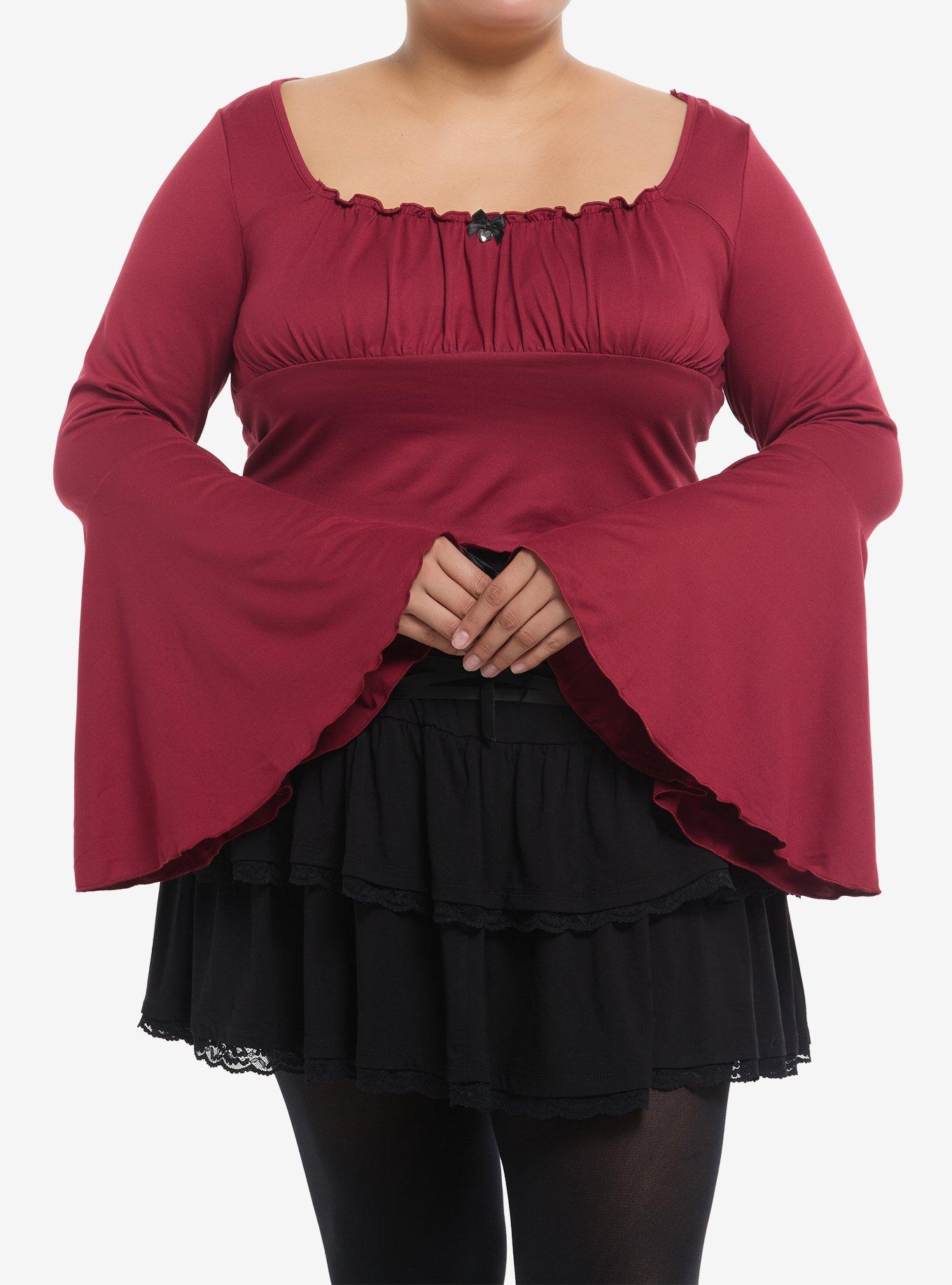 Cosmic Aura Maroon Bell Sleeve Girls Crop Top Plus Size, , hi-res