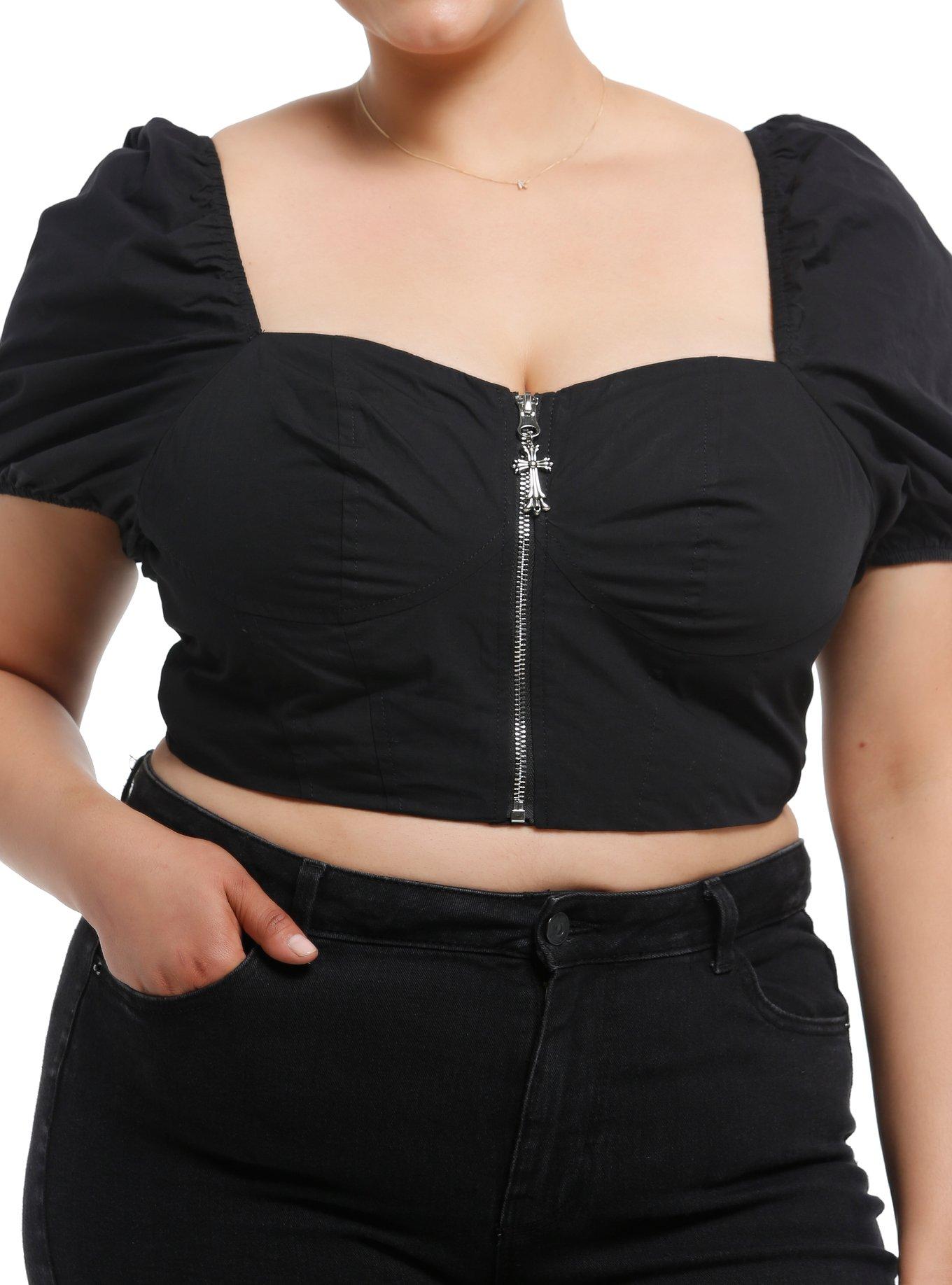 Cosmic Aura Black Cross Charm Girls Zippered Crop Top Plus Size, , hi-res
