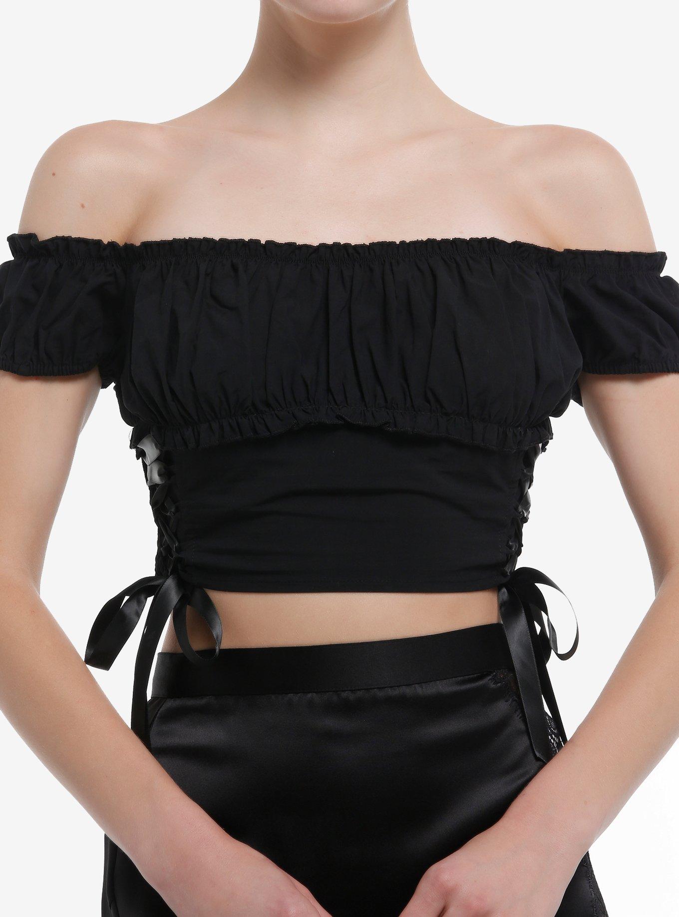 Cosmic Aura Black Lace-Up Off-Shoulder Girls Crop Top, BLACK, hi-res
