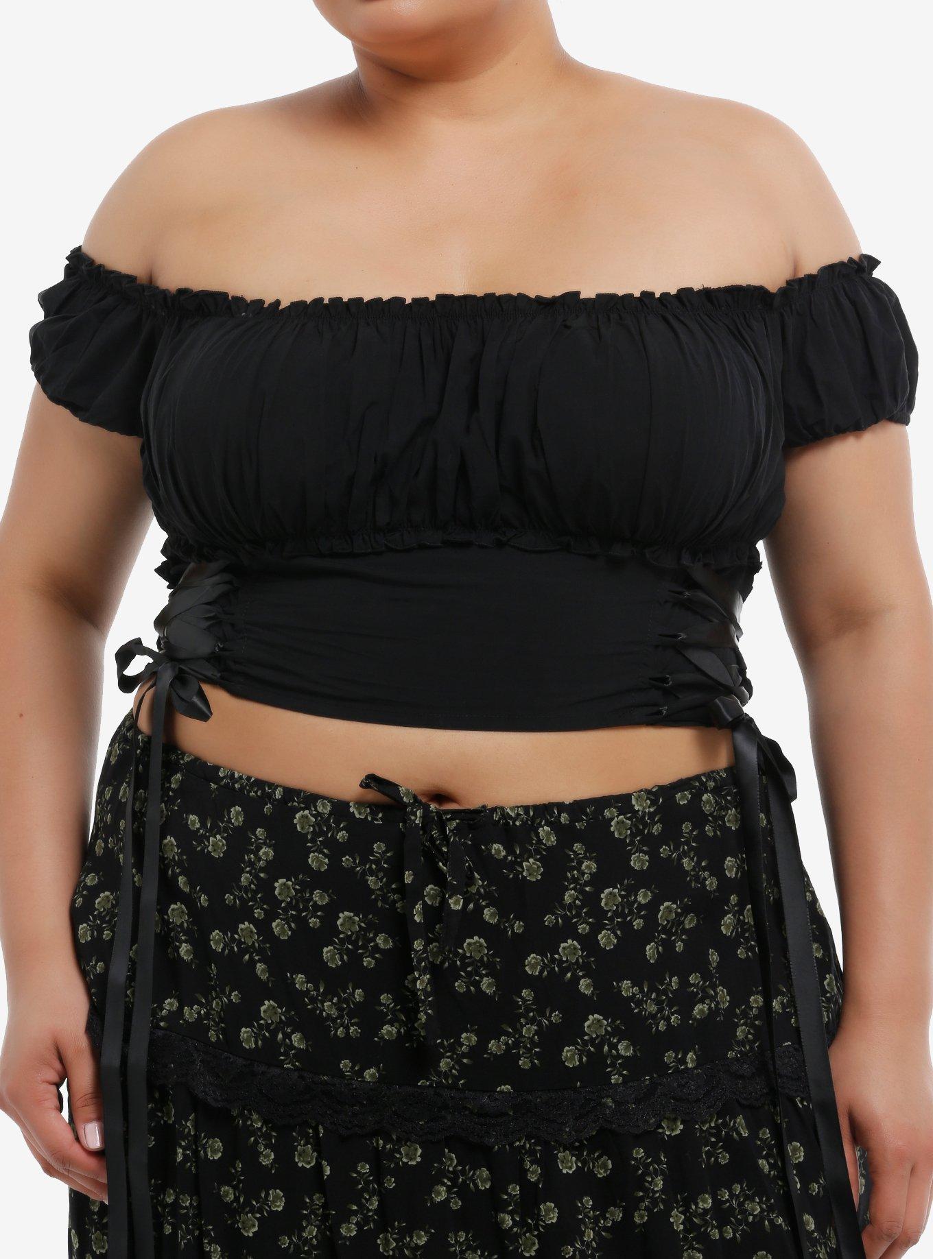 Cosmic Aura Black Lace-Up Off-Shoulder Girls Crop Top Plus Size, BLACK, hi-res