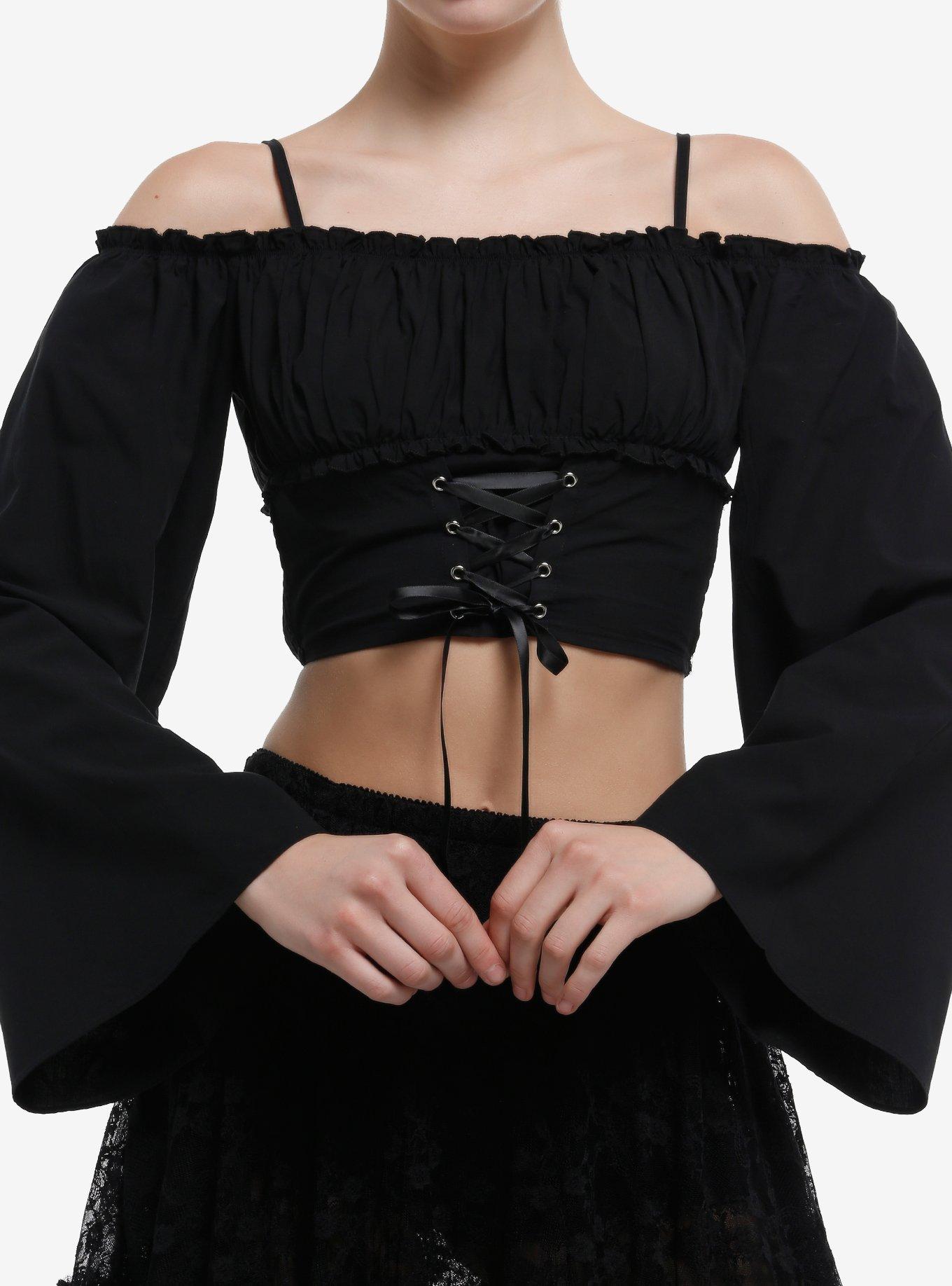 Cosmic Aura Black Lace-Up Cold Shoulder Girls Crop Top, , hi-res
