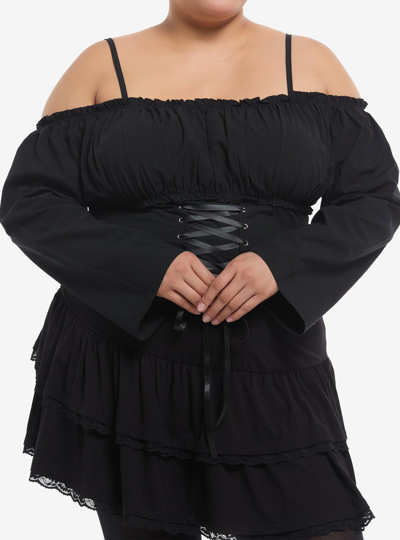 Cosmic Aura Black Lace-Up Cold Shoulder Girls Crop Top Plus Size, , hi-res