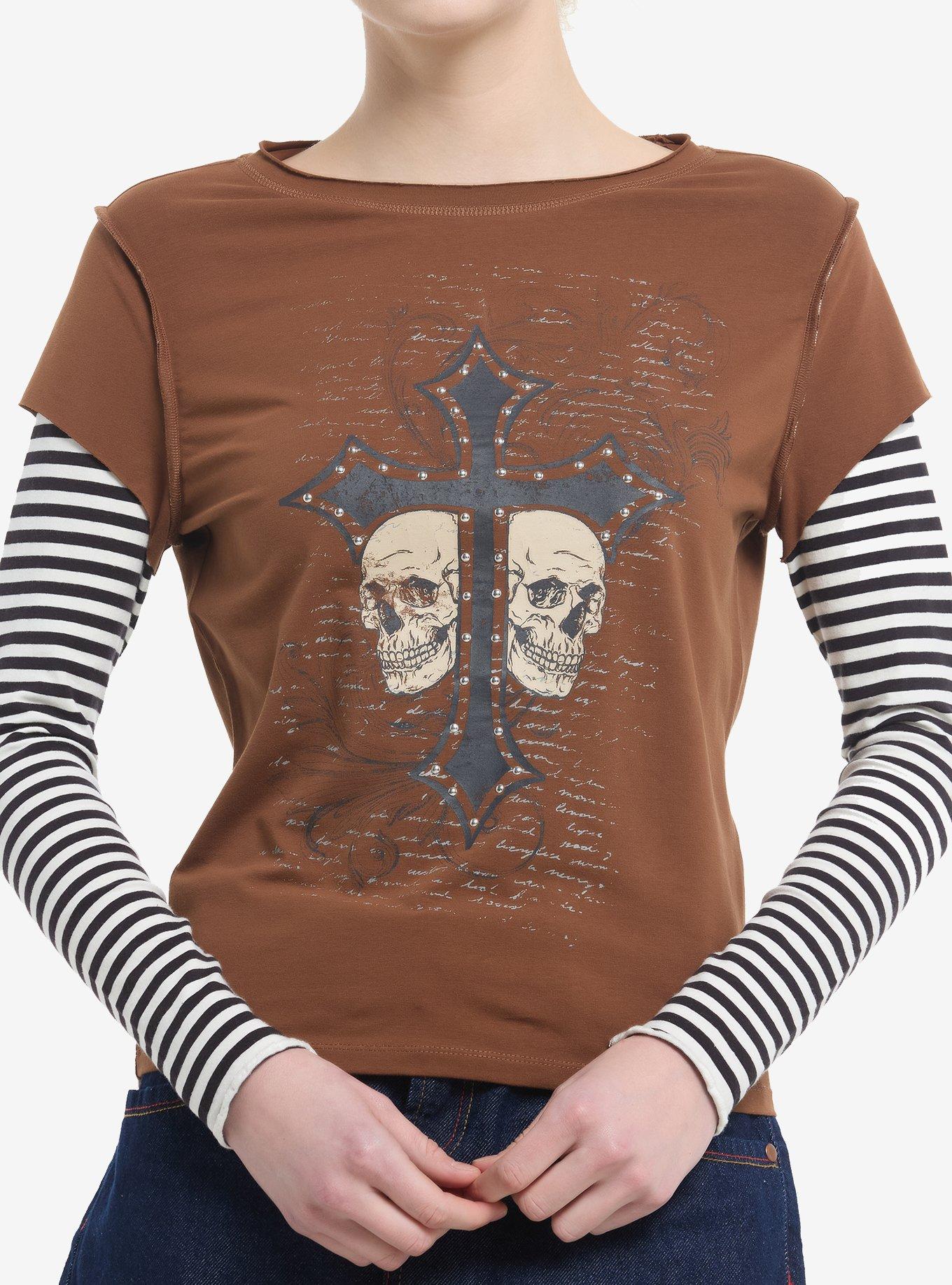 Skull Cross Rhinestones Striped Girls Twofer Long-Sleeve T-Shirt, , hi-res