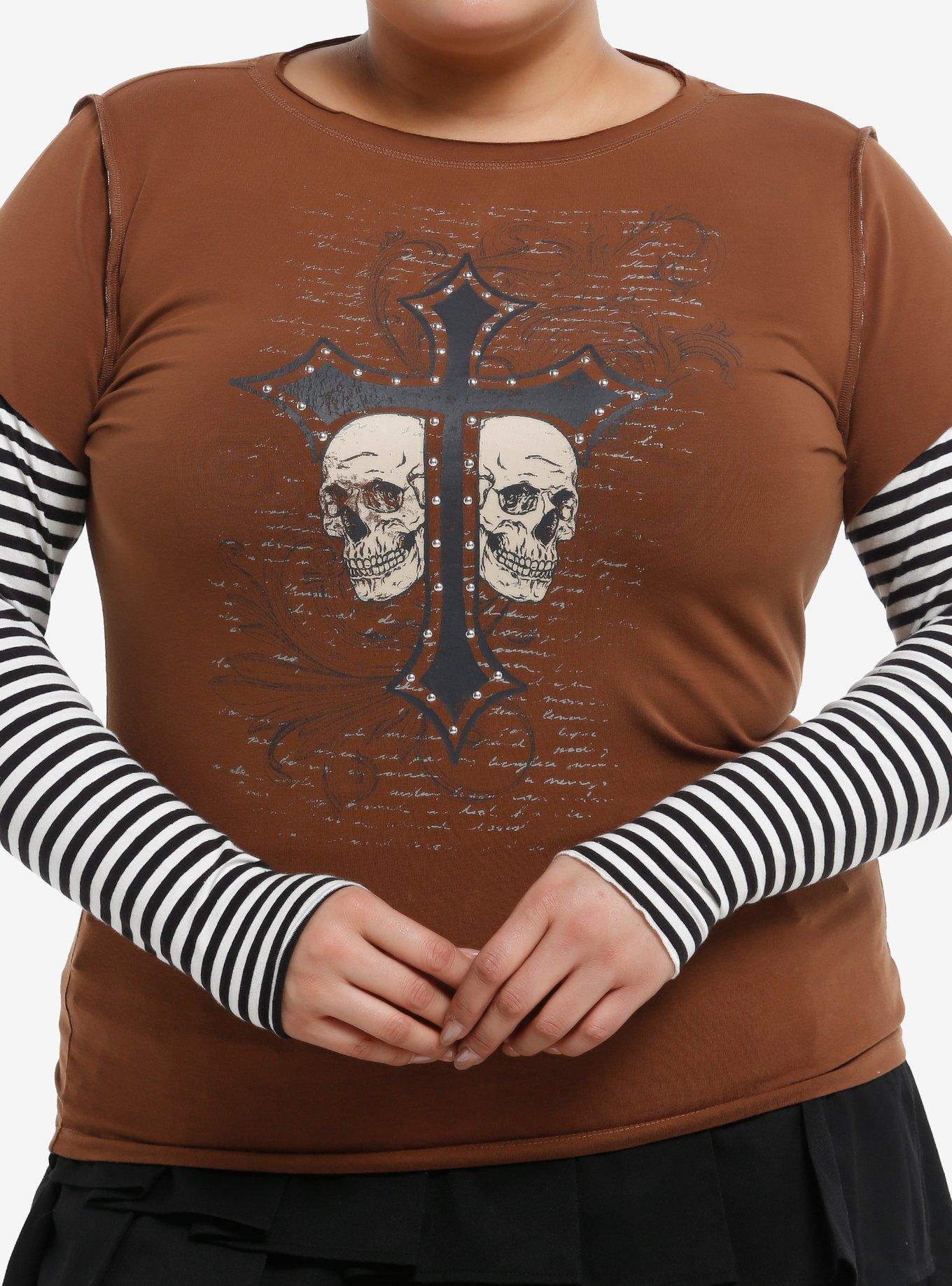 Skull Cross Rhinestones Striped Girls Twofer Long-Sleeve T-Shirt Plus Size, , hi-res