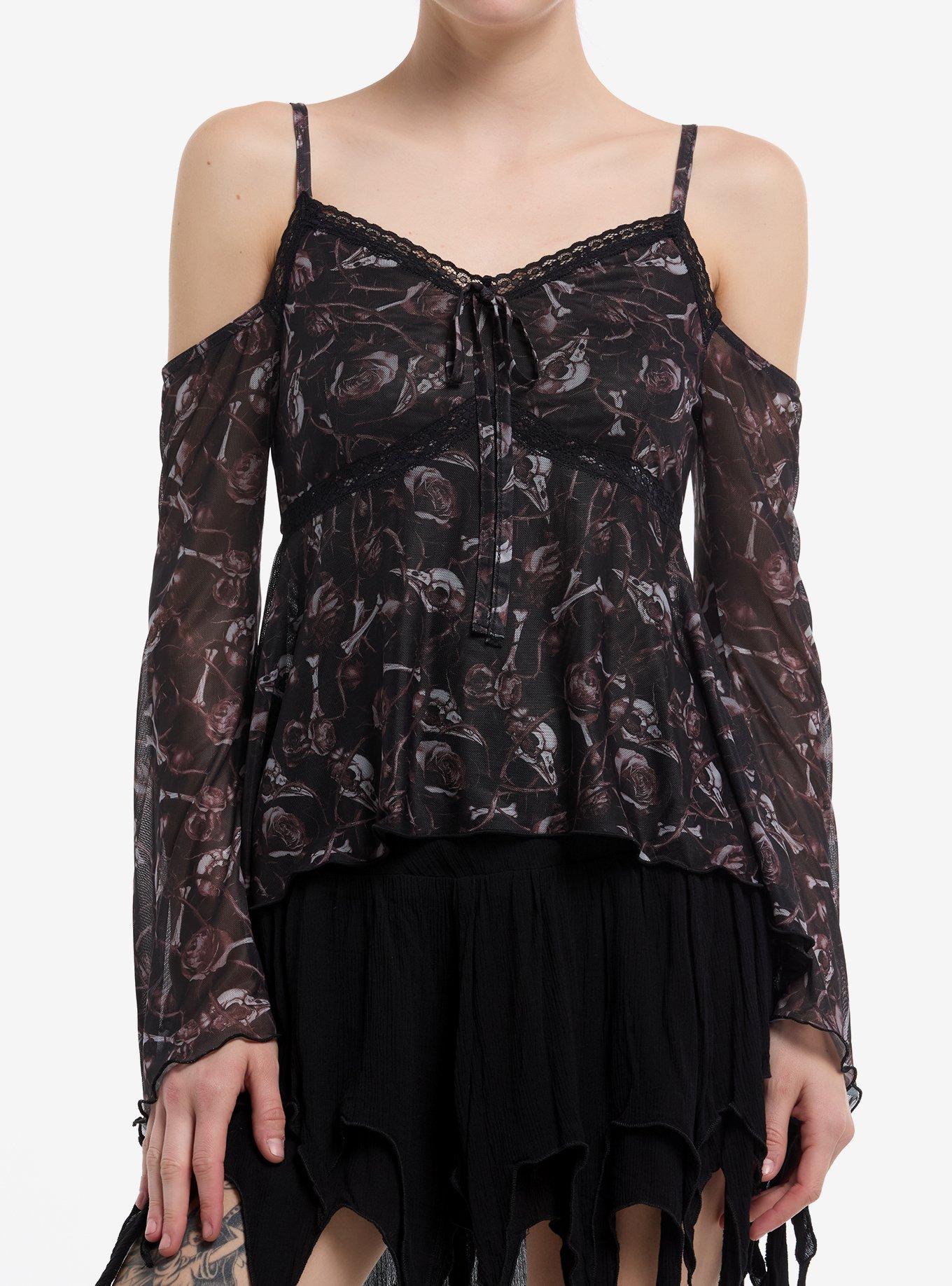 Cosmic Aura Bird Skull & Thorns Cold-Shoulder Top, , hi-res