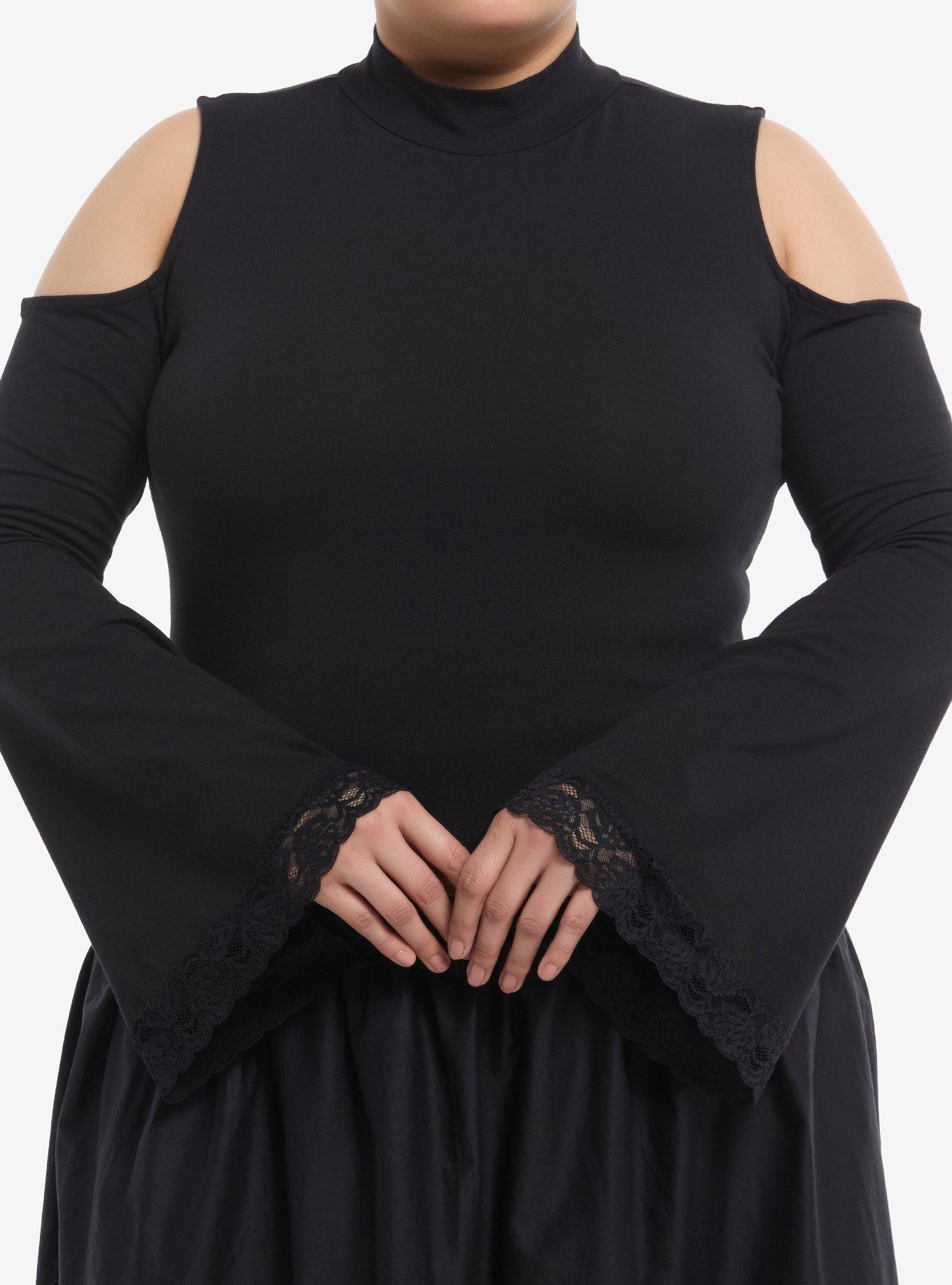 Cosmic Aura Black Cold Shoulder Girls Bell Sleeve Top Plus Size, , hi-res