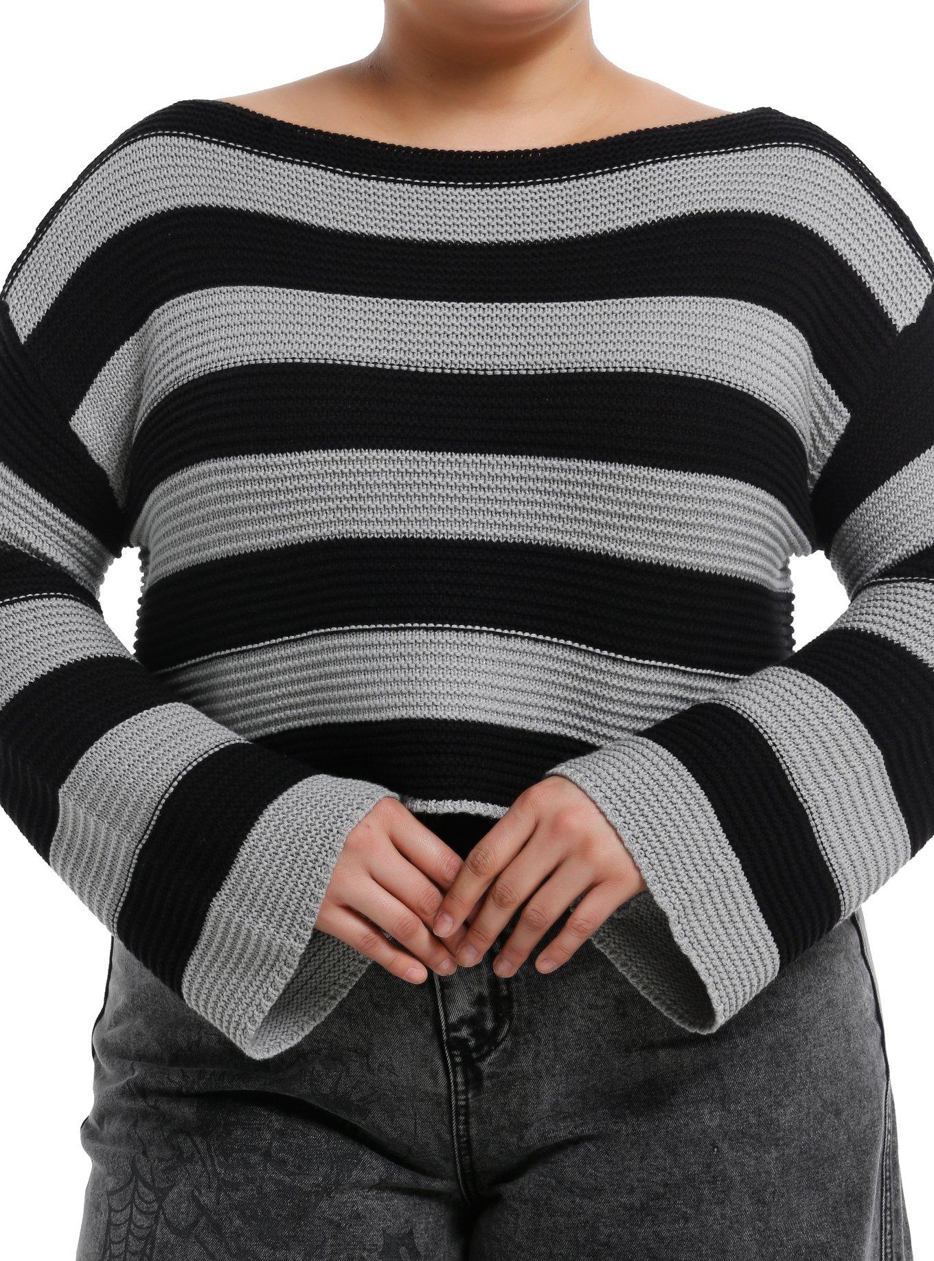 Grey & Black Stripe Knit Bell Sleeve Girls Sweater Plus Size, , hi-res