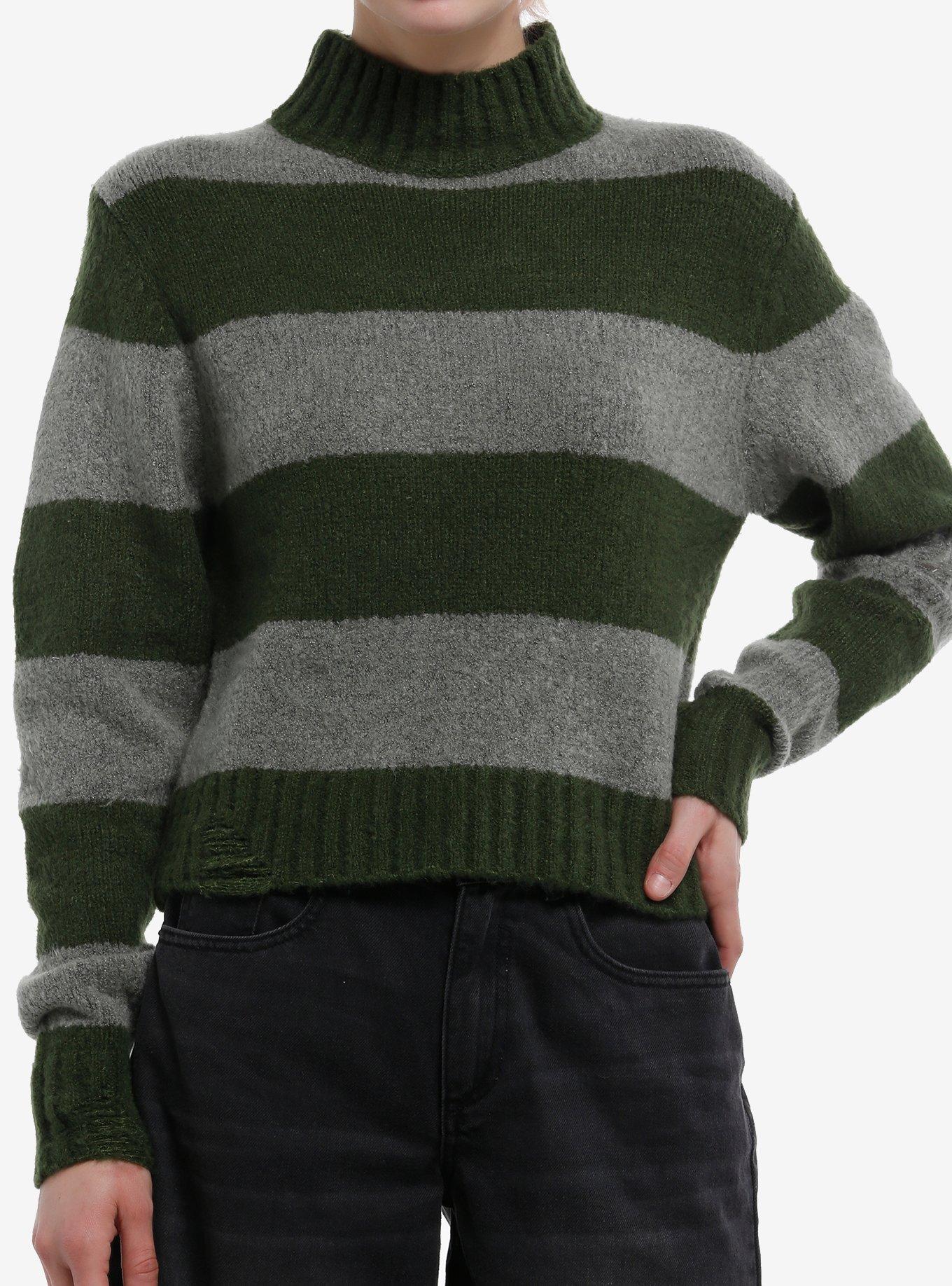 HOTTOPIC Green & Grey Stripe Girls Fuzzy Sweater