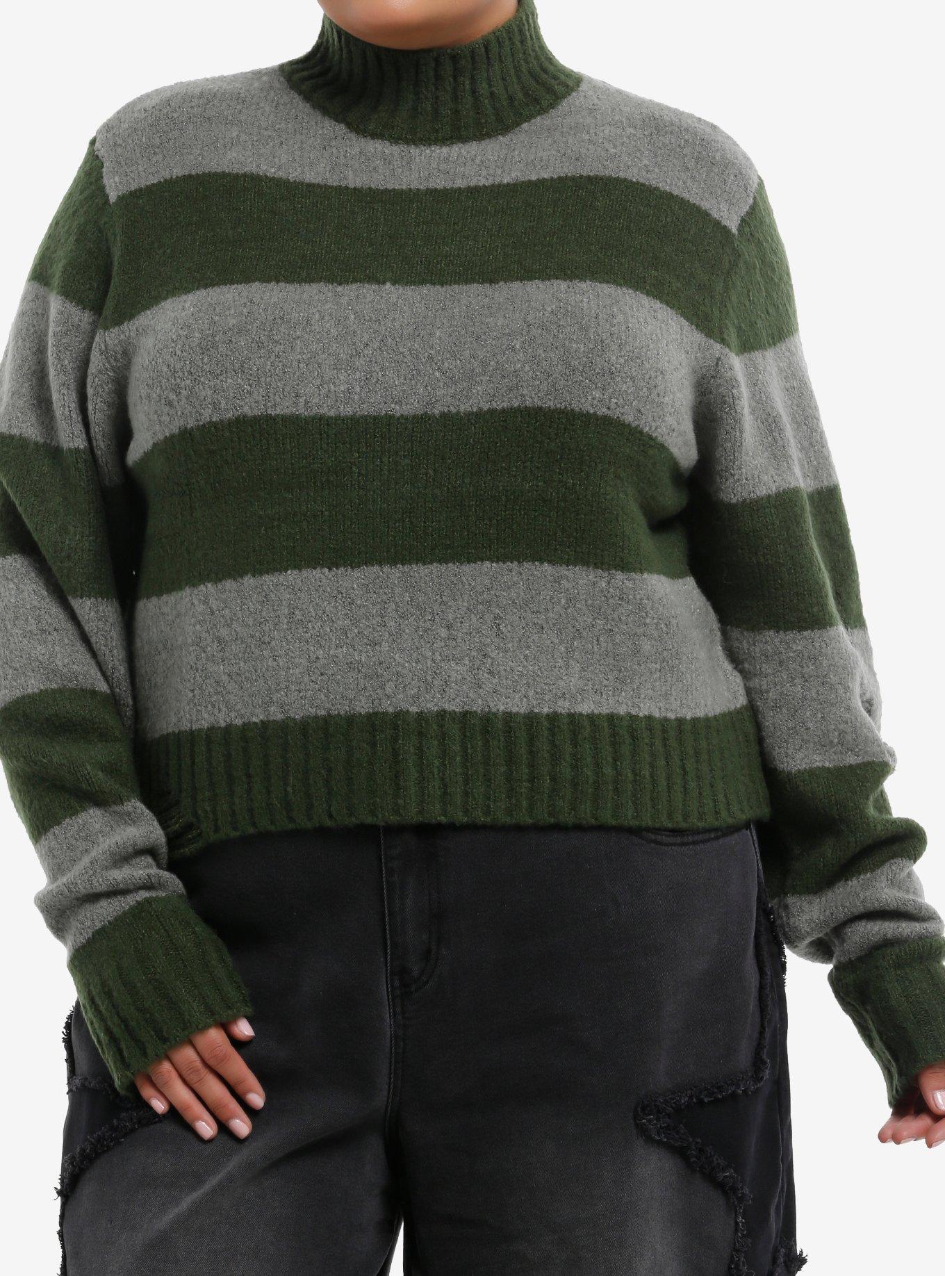 Green & Grey Stripe Girls Fuzzy Sweater Plus Size, , hi-res