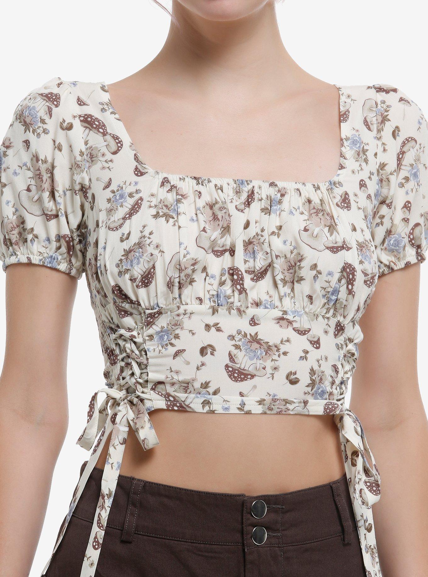Thorn & Fable Mushroom Floral Lace-Up Girls Crop Top, , hi-res