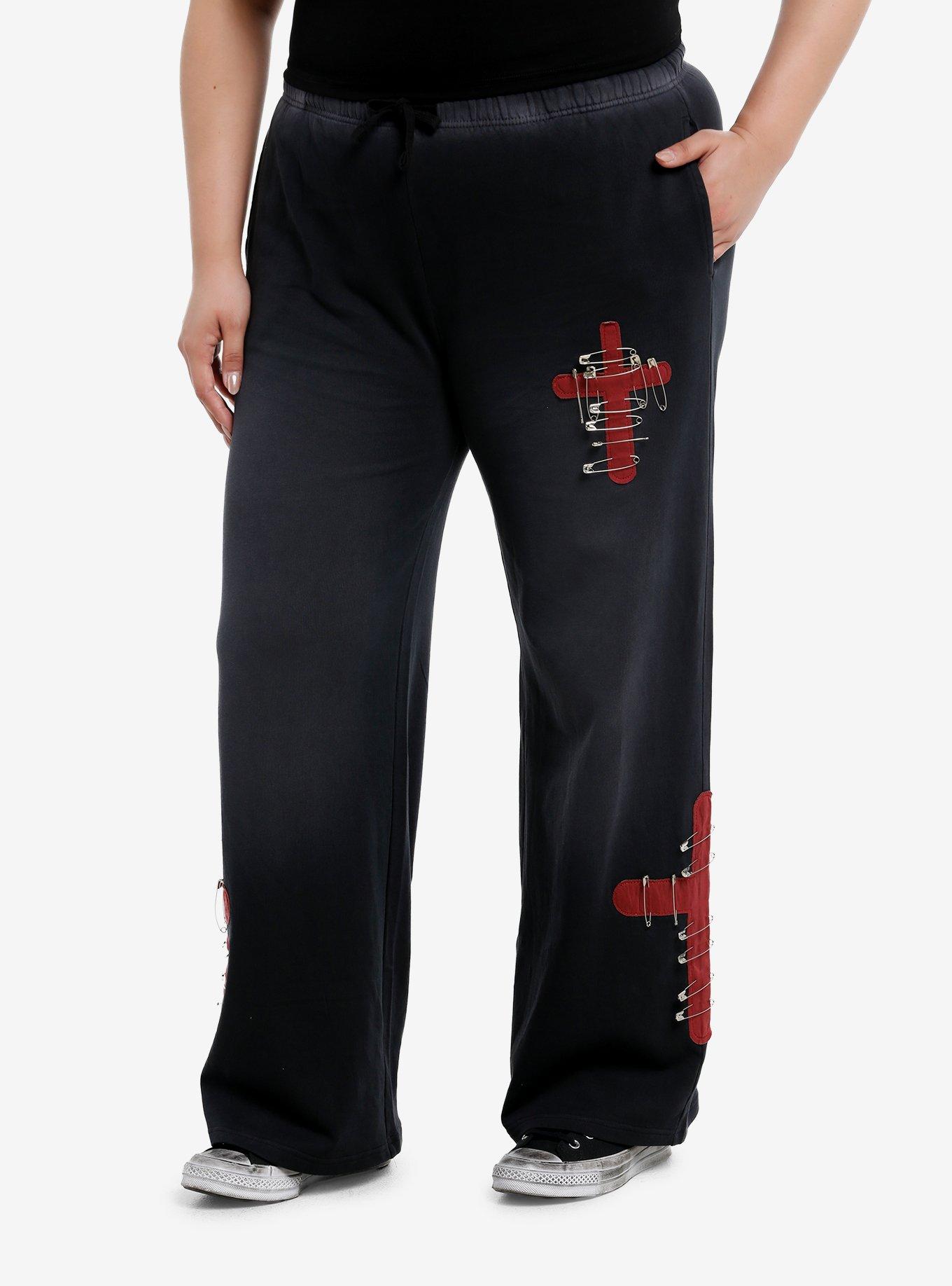 Faded Black Cross & Safety Pin Wide Leg Girls Lounge Pants Plus Size, , hi-res