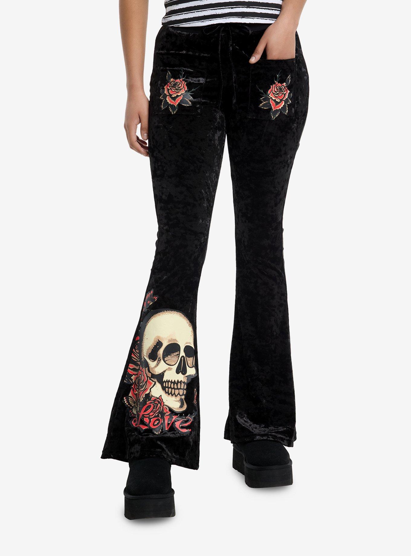 Tattoo Skull & Roses Black Velour Girls Flare Pants, , hi-res