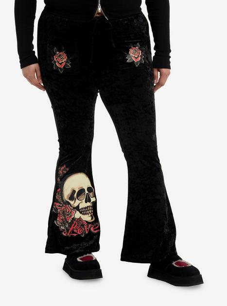 Tattoo Skull & Roses Black Velour Girls Flare Pants Plus Size