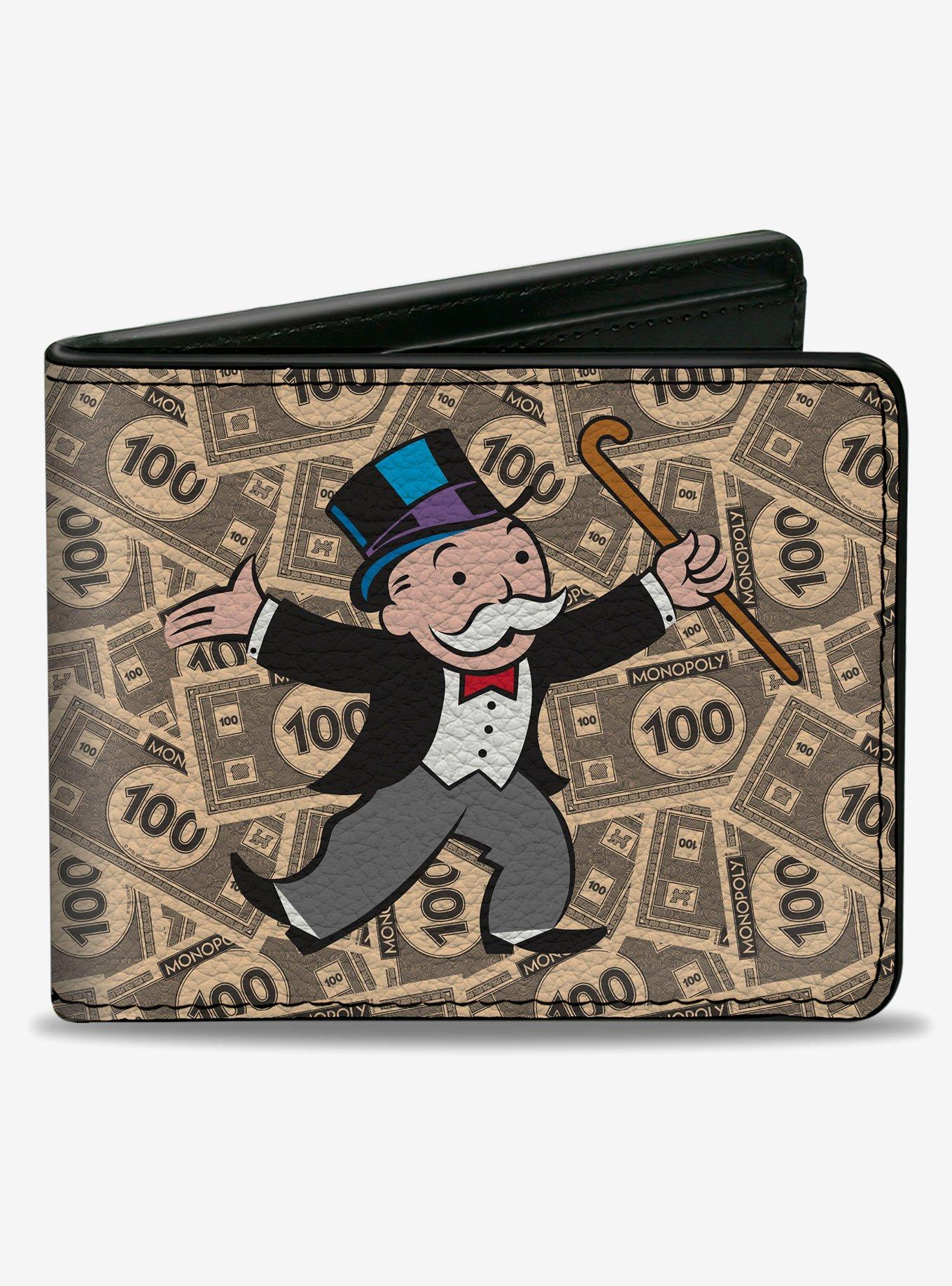 Mr Monopoly Rich Uncle Pennybags Pose 100 Money Bills Stacked Bifold Wallet, , hi-res