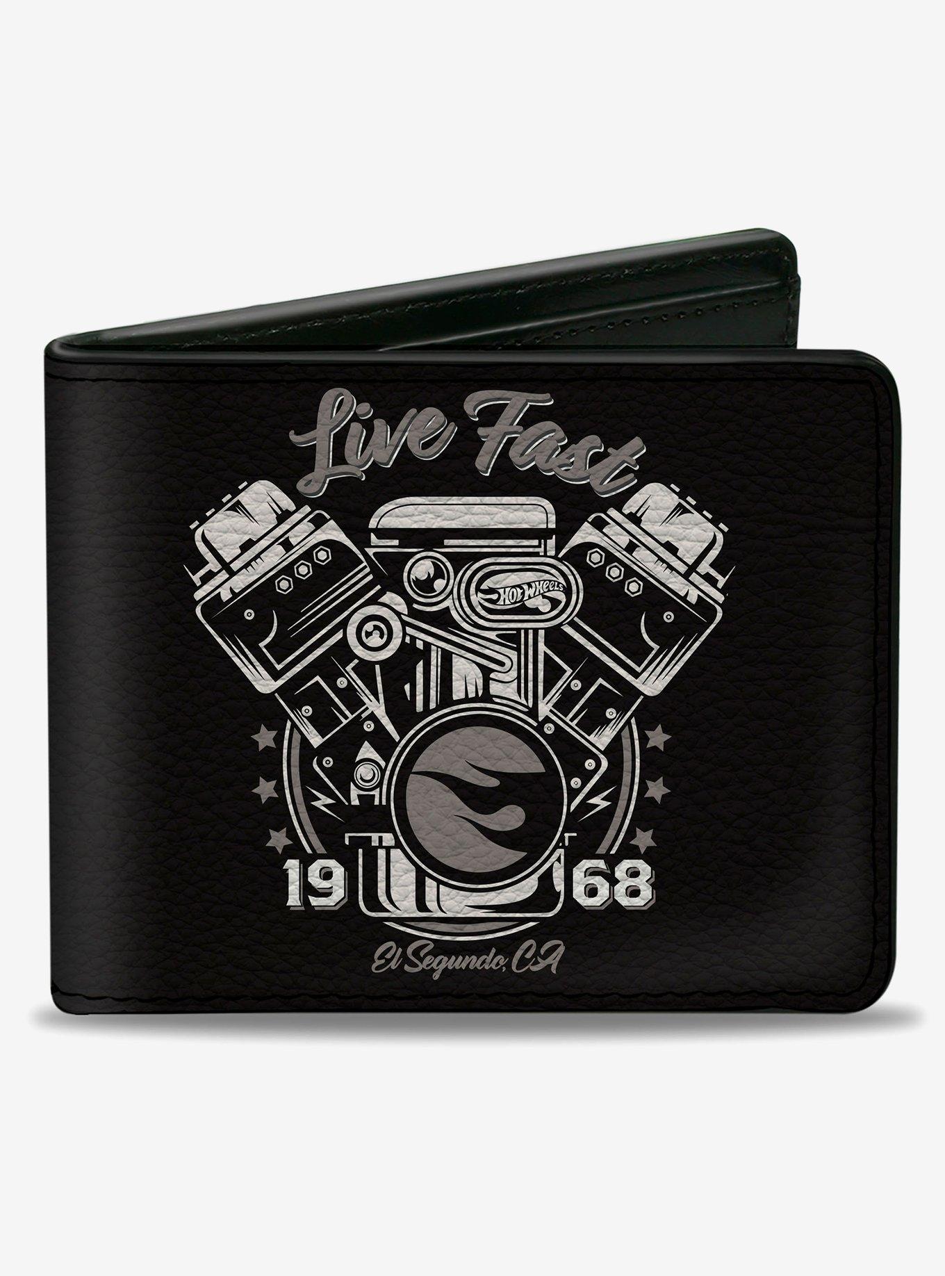 Hot Wheels Live Fast 1968 Engine Pistons Black Grays Bifold Wallet, , hi-res