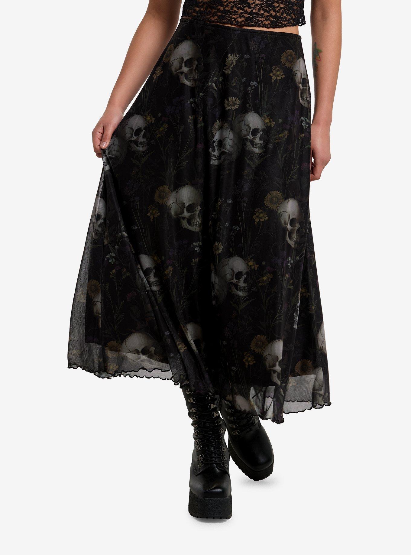 Cosmic Aura Dark Flowers & Skulls Mesh Midi Skirt, , hi-res