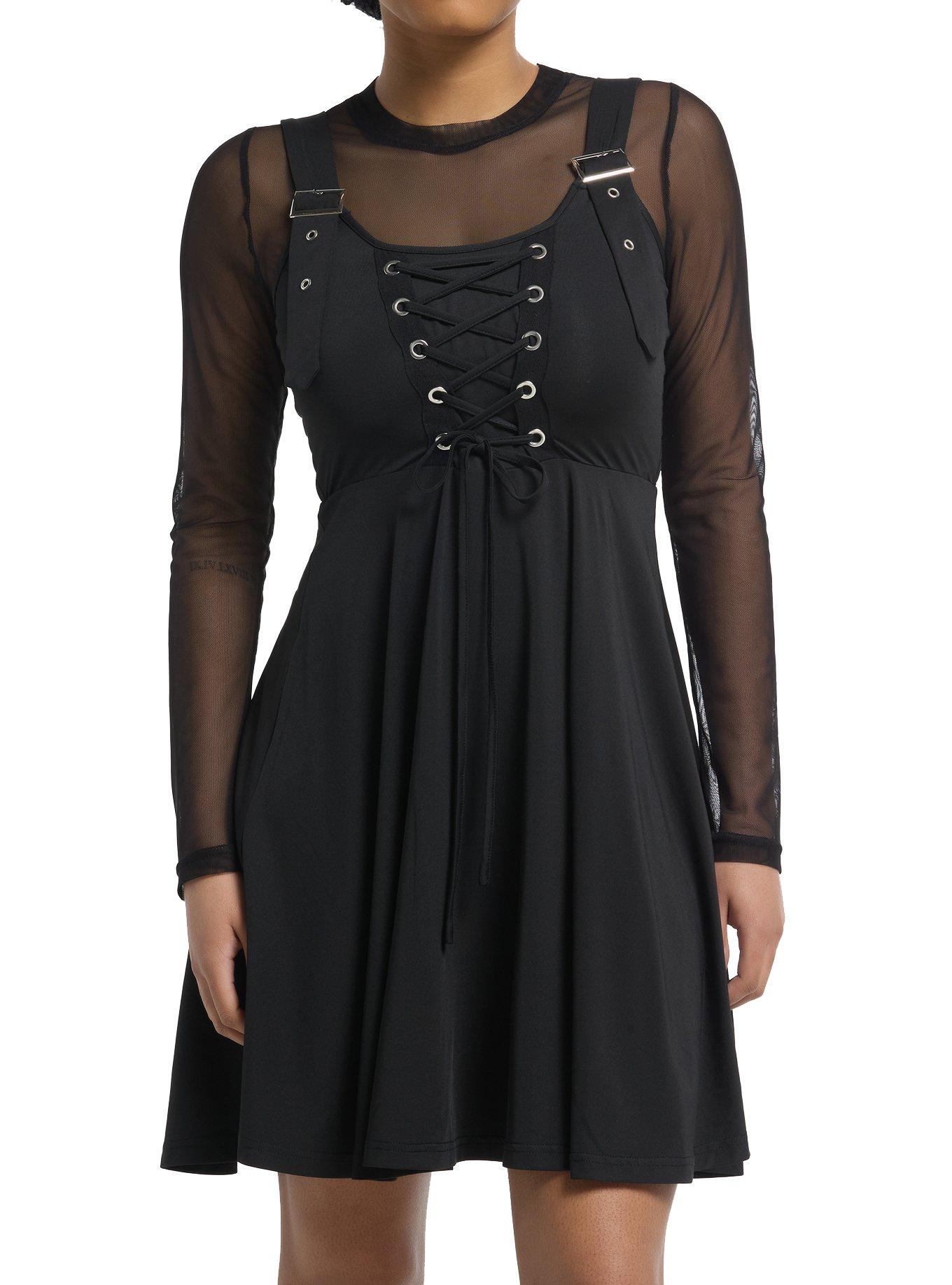 Black Grommet Lace-Up Mesh Twofer Dress, , hi-res