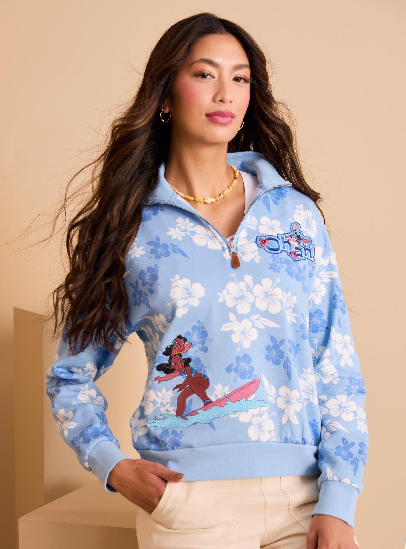 Disney Lilo & Stitch Hibiscus Flowers Quarter Zip Women's Crewneck - BoxLunch Exclusive, , hi-res