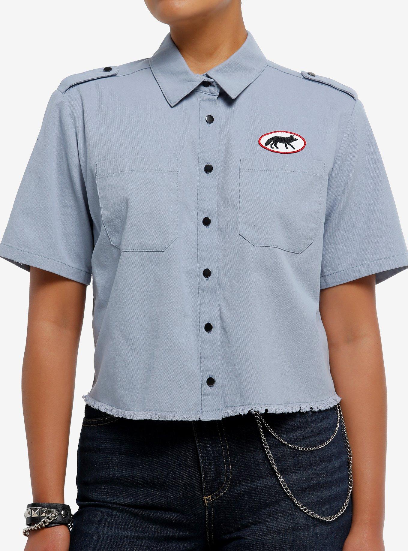 Social Collision Blue Wolf Patch Girls Woven Button-Up, , hi-res