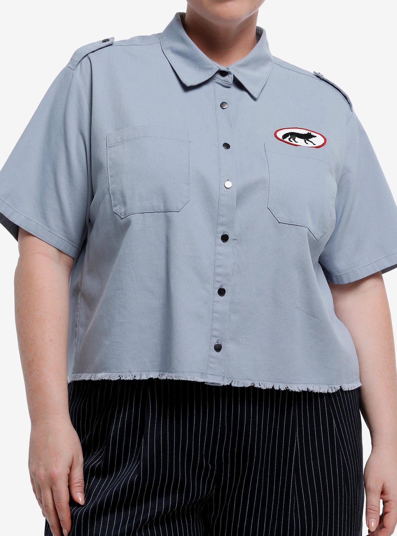 Social Collision Blue Wolf Patch Girls Woven Button-Up Plus Size, , hi-res