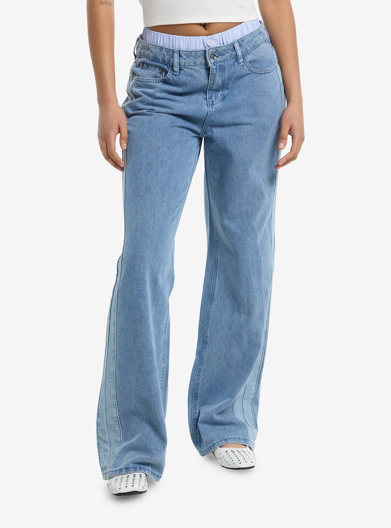 Light Indigo Faux Boxers Color Block Girls Wide Leg Jeans, , hi-res
