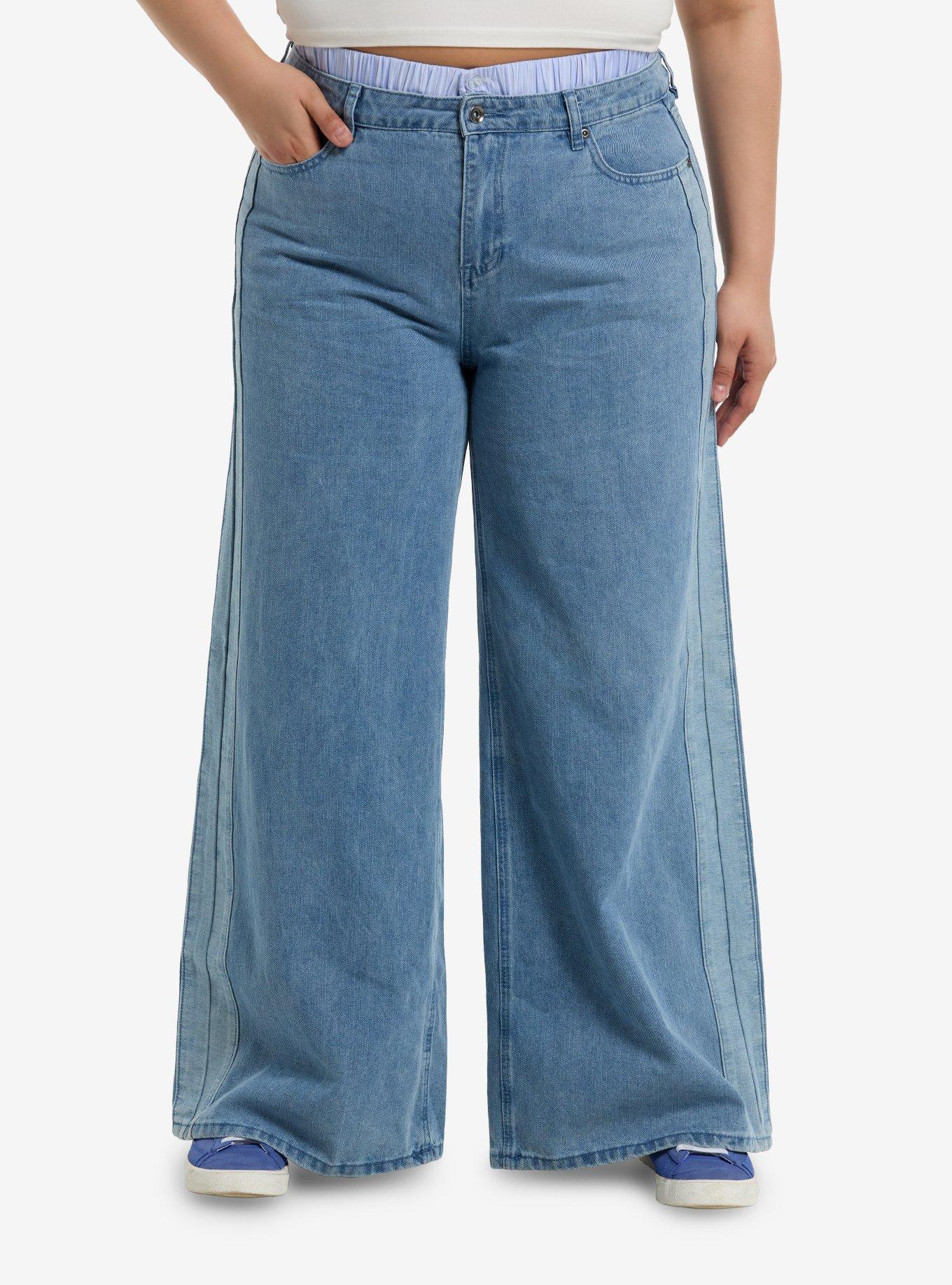 Light Indigo Faux Boxers Color-Block Wide Leg Jeans Plus Size, , hi-res