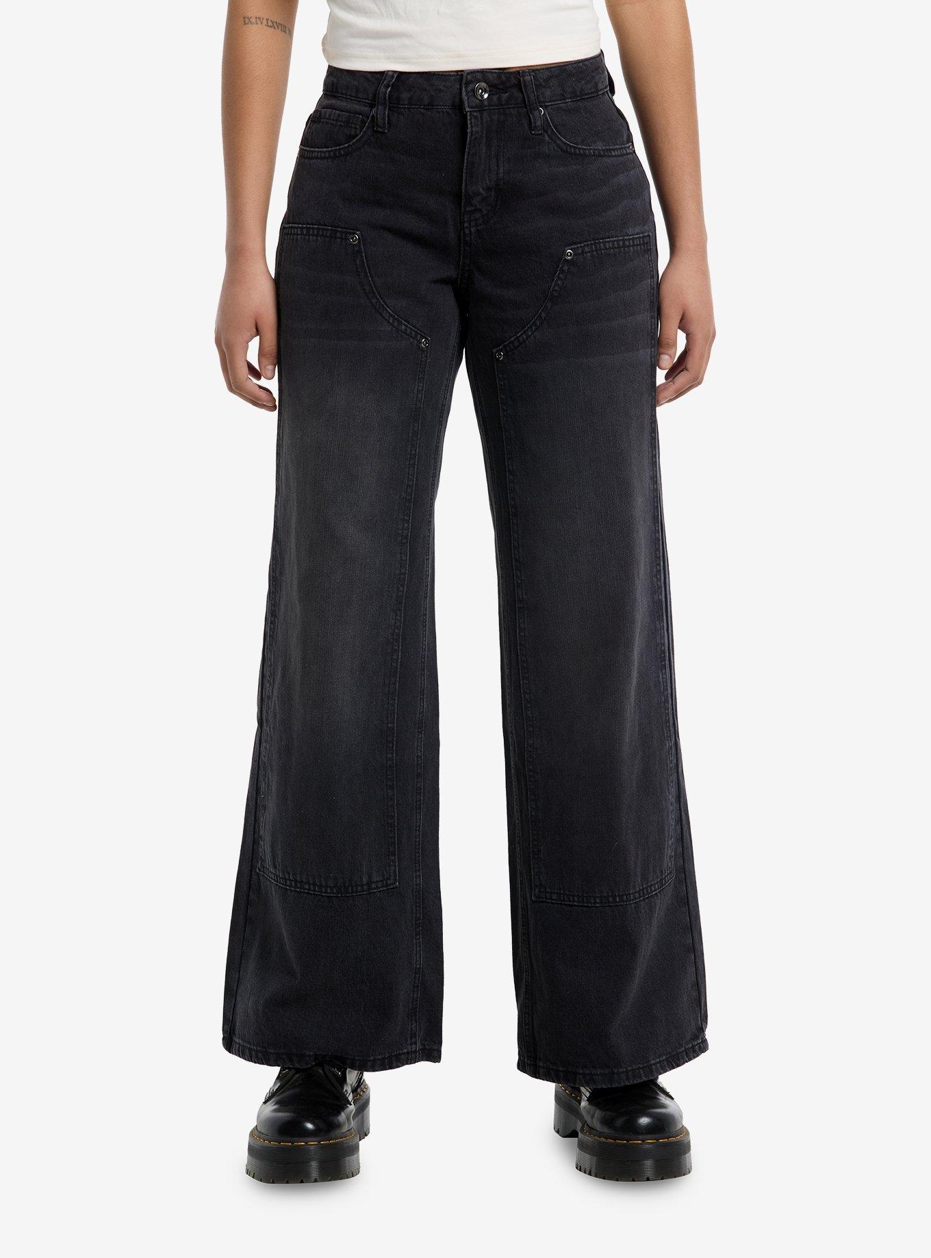 Social Collision Black Chap Panel Wide Leg Denim Pants, , hi-res