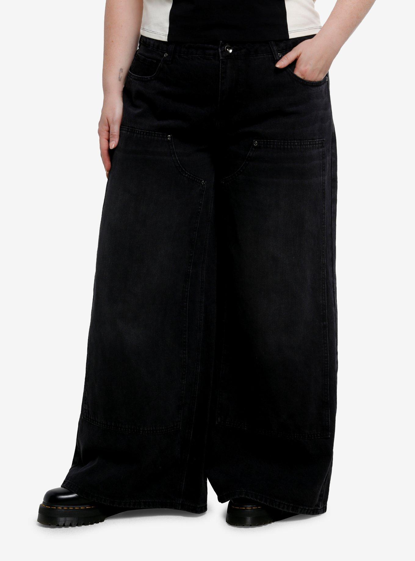 Social Collision Black Chap Panel Wide Leg Denim Pants Plus Size, , hi-res