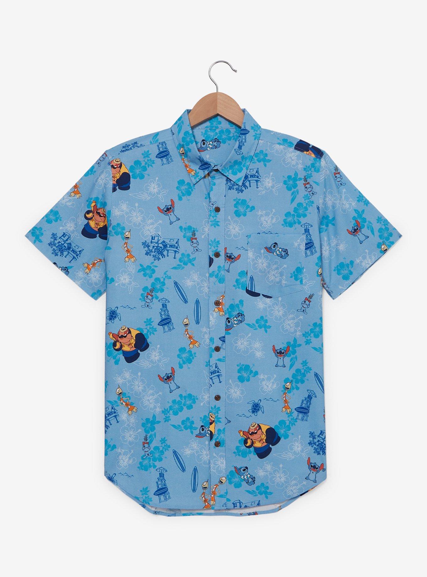 Disney Lilo & Stitch Characters Floral Allover Print Woven Button-Up, BLUE, hi-res