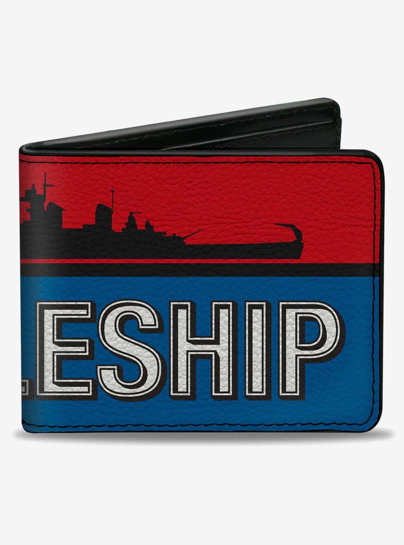 Battleship Ship Silhouette and Text Red Blue Black White Bifold Wallet, , hi-res