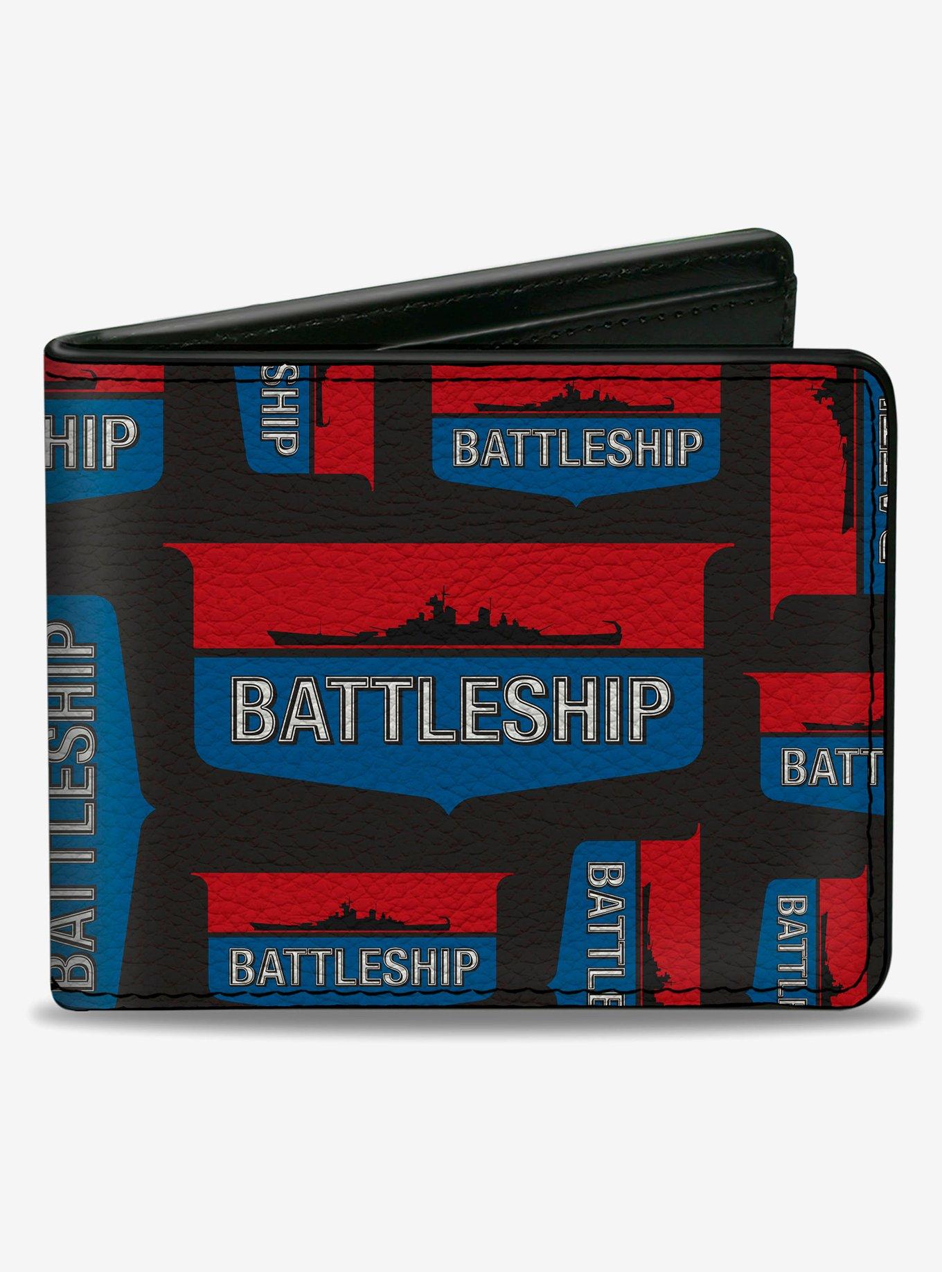 Battleship Ship Silhouette and Text Badge Collage Black Bifold Wallet, , hi-res