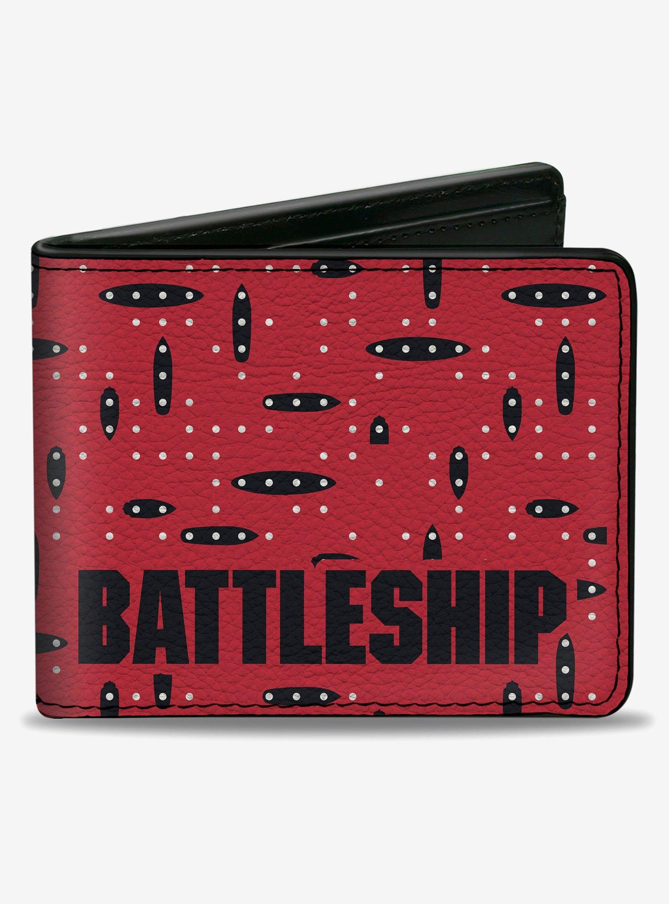 Battleship Grid With Ships and Text Red Black White Bifold Wallet, , hi-res