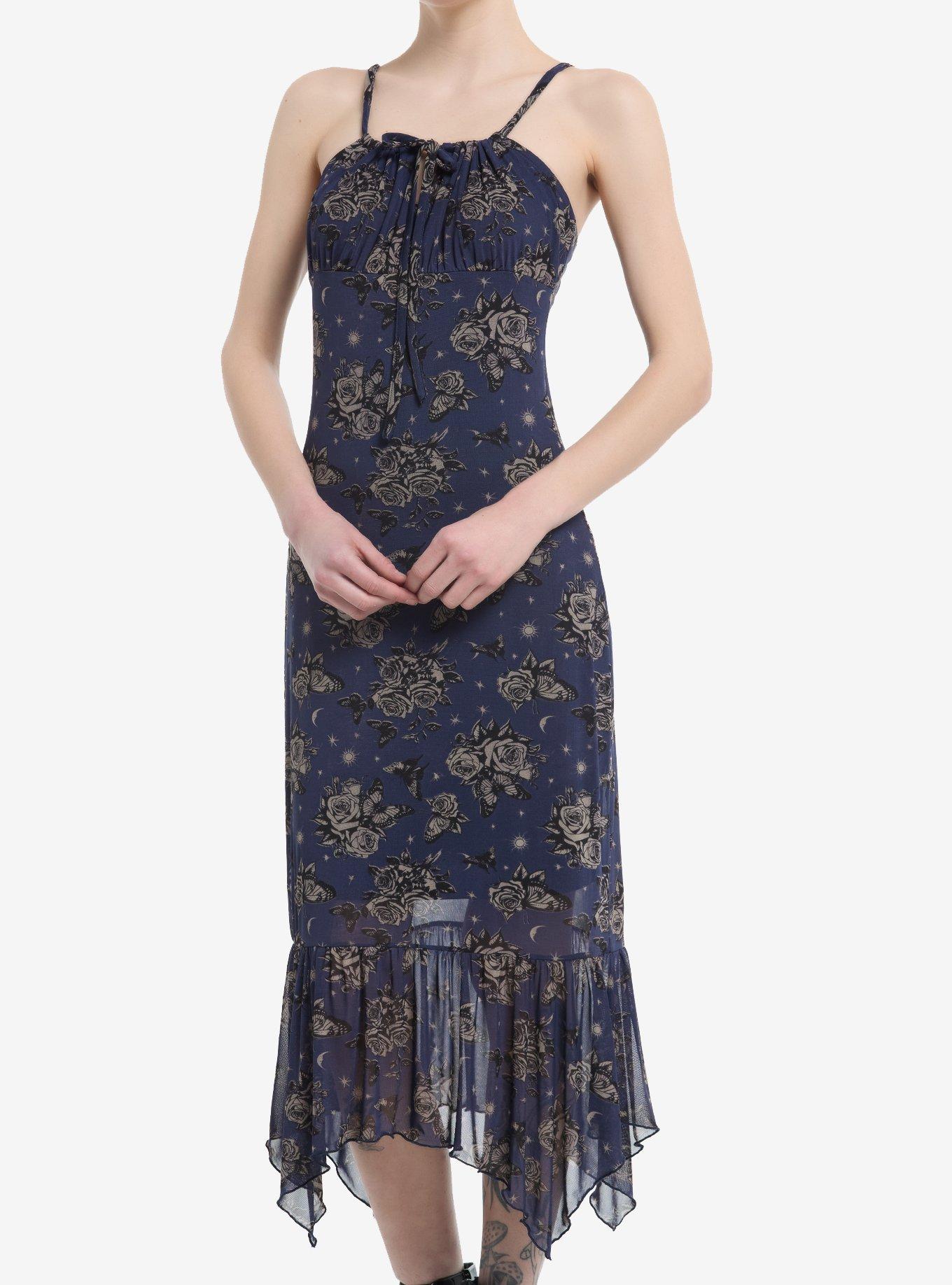 Cosmic Aura Blue Rose Butterfly Hanky Hem Midaxi Dress, , hi-res
