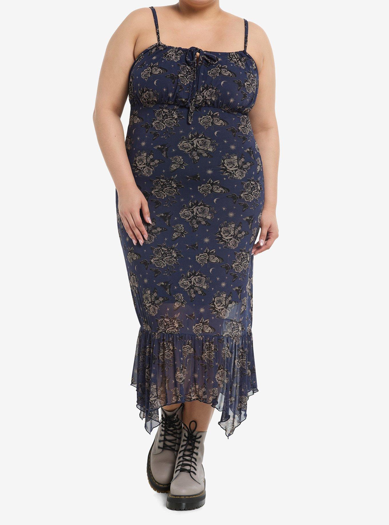 Cosmic Aura Blue Rose Butterfly Hanky Hem Midaxi Dress Plus Size, , hi-res