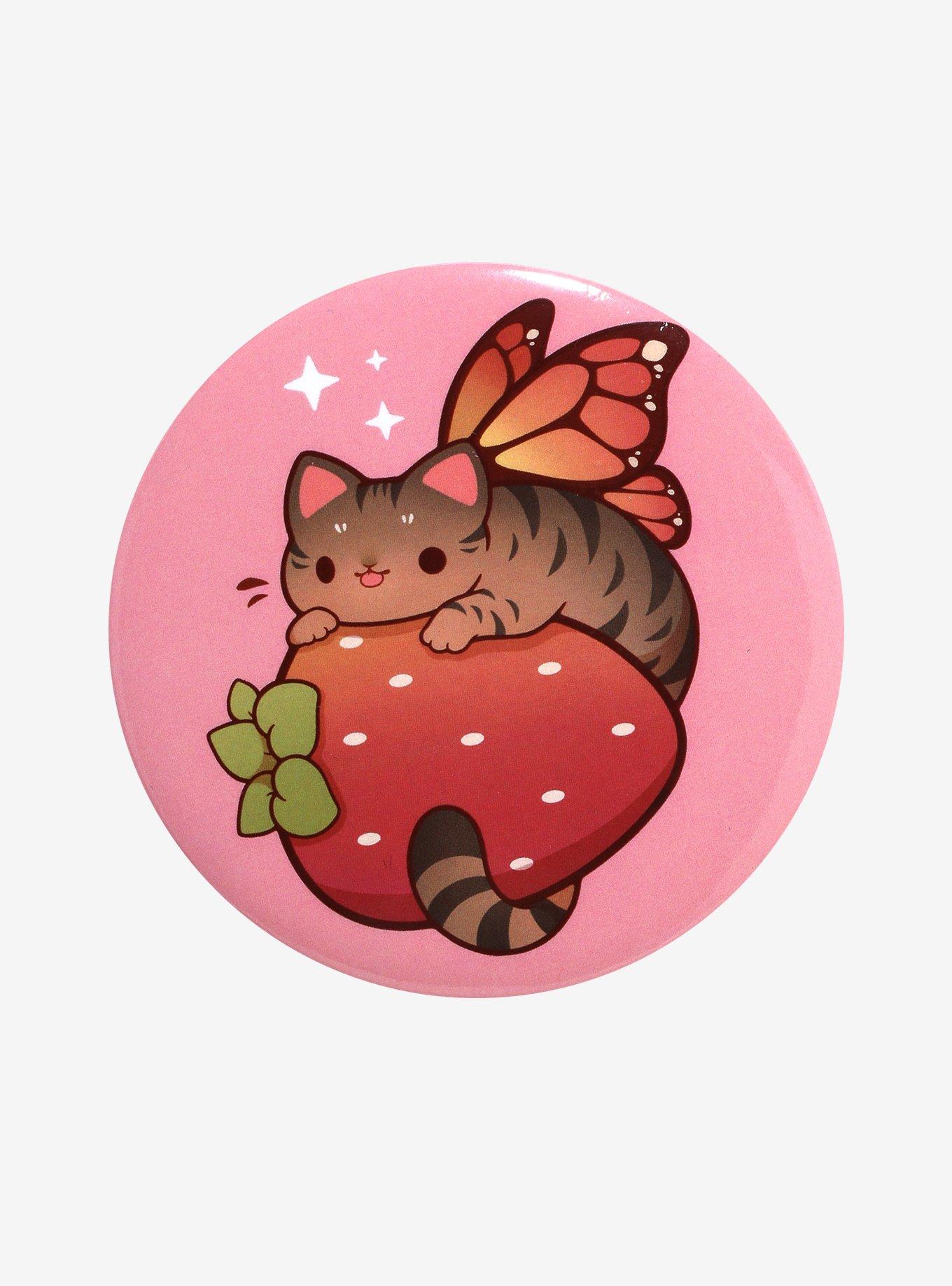 Strawberry Cat Butterfly 3 Inch Button By Rihnlin, , hi-res